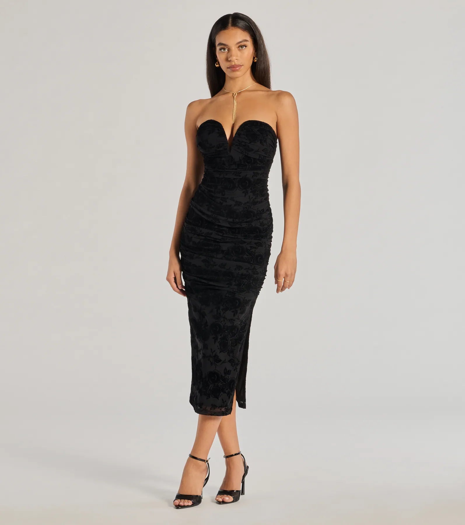 Destiny Strapless Velvet Mesh Midi Dress