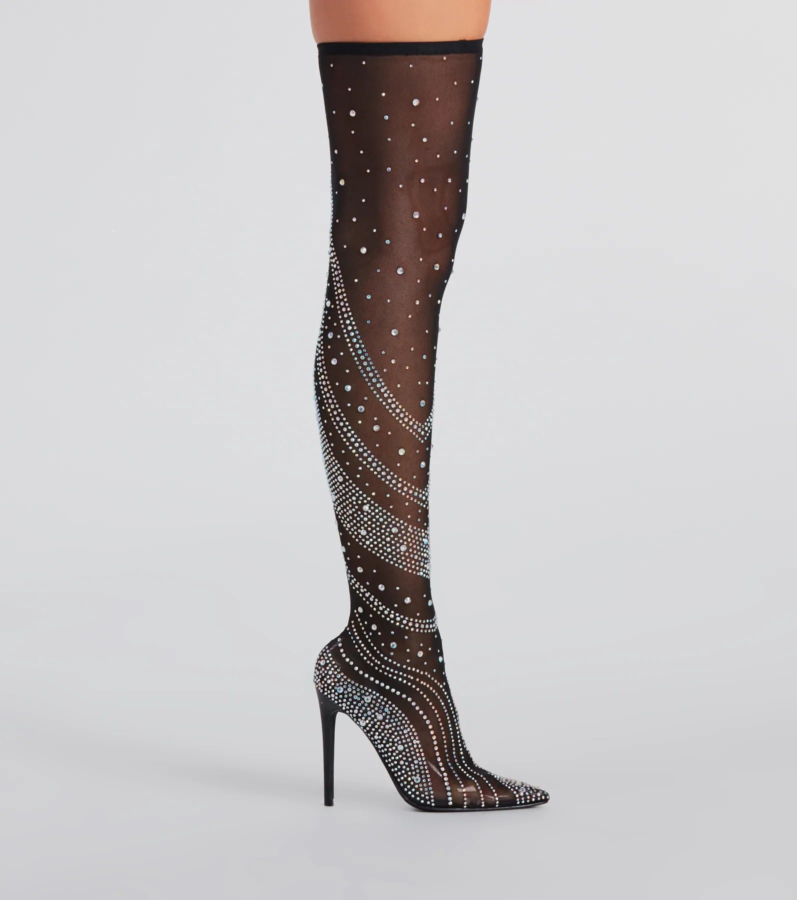 Unforgettable Slay Rhinestone Mesh Thigh-High Boots