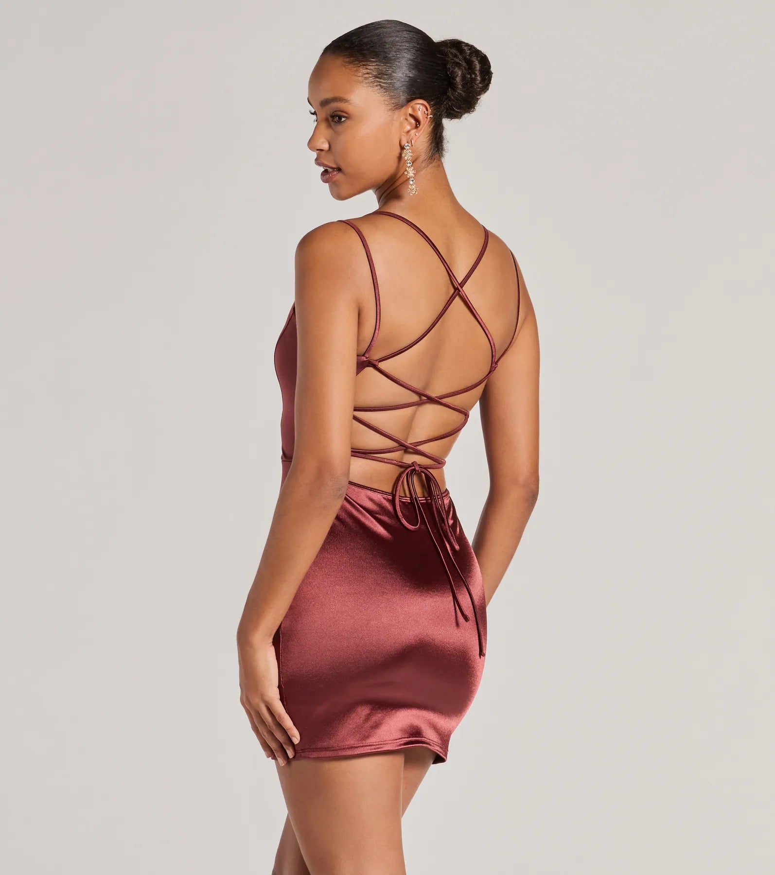 Simply A Stunner Lace-Up Bodycon Satin Mini Dress