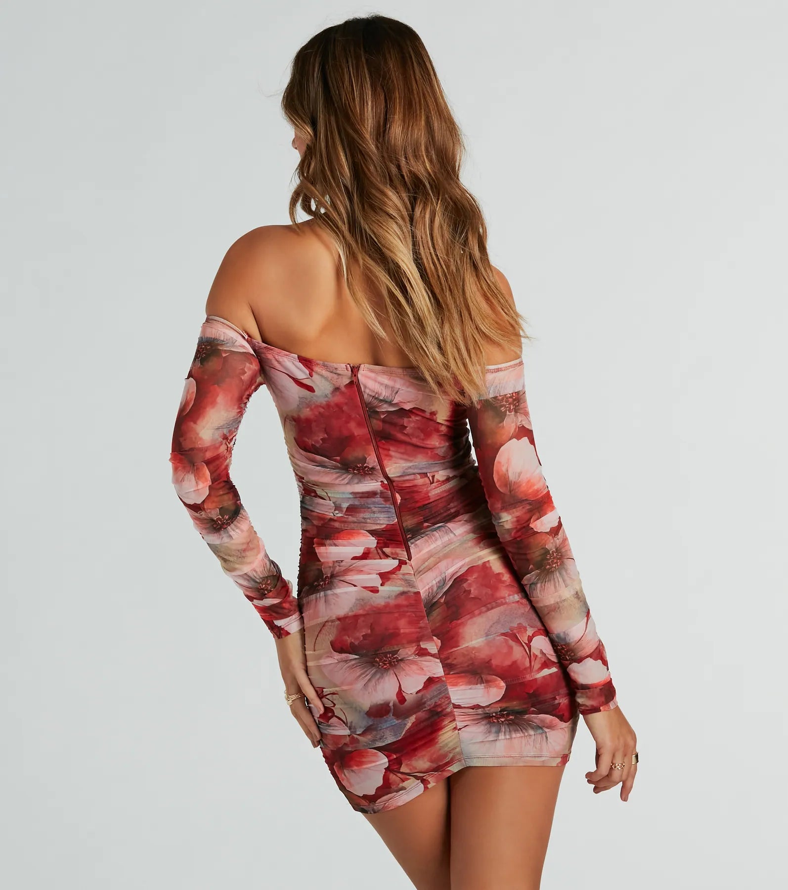 Bold Bloom Off-The-Shoulder Floral Mesh Mini Dress