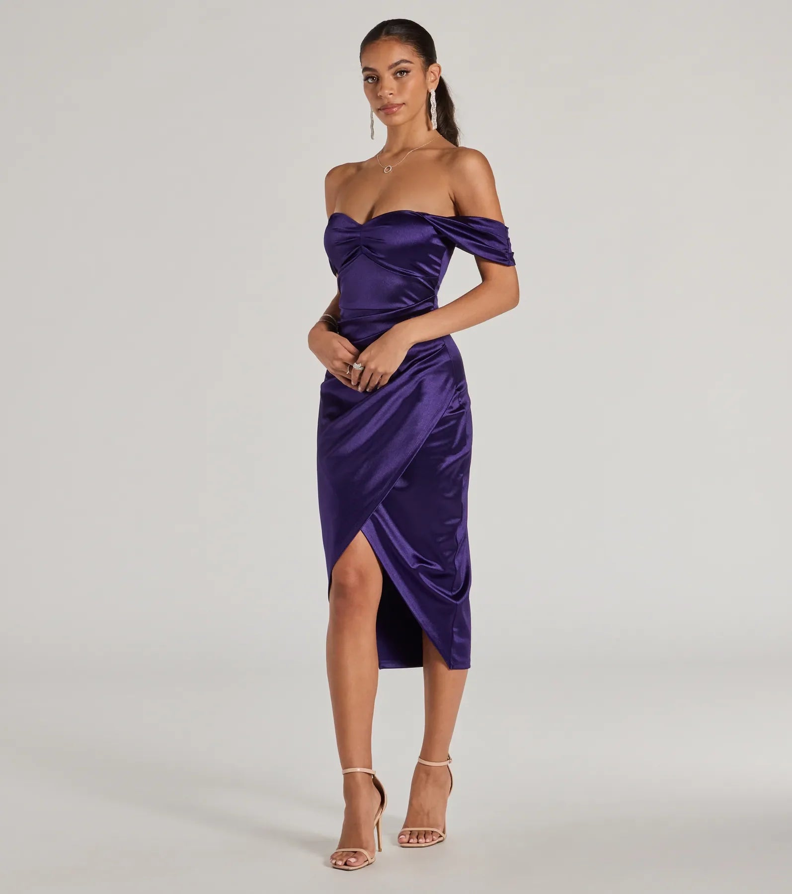 Gaia Satin Off-The-Shoulder Wrap Midi Dress