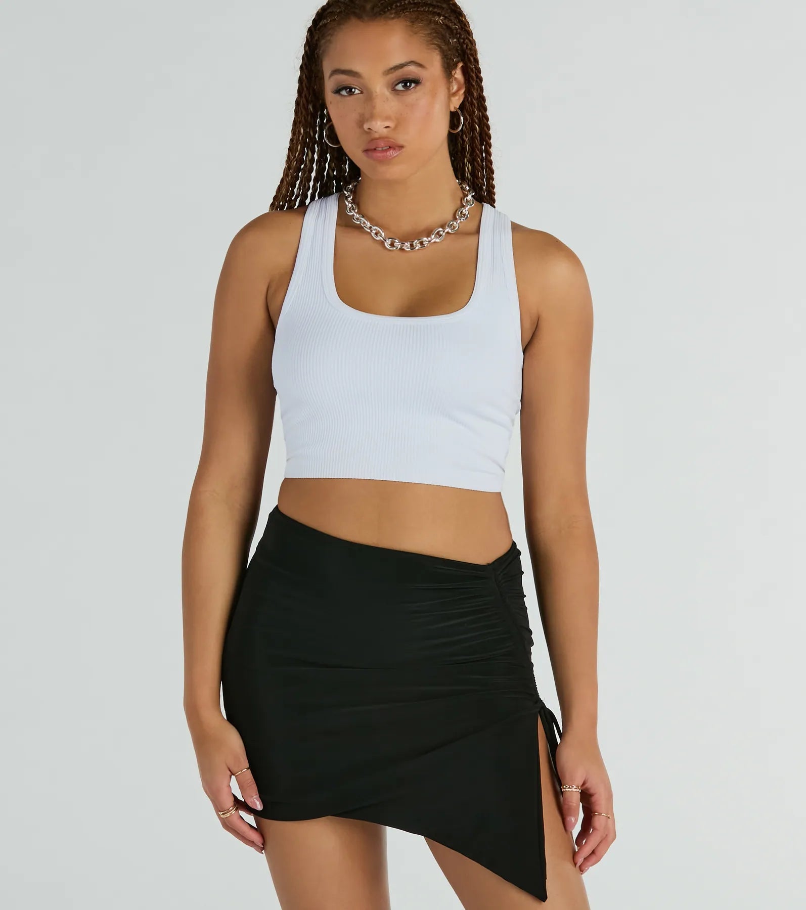 Hold It Down Ruched Asymmetrical Mini Skirt