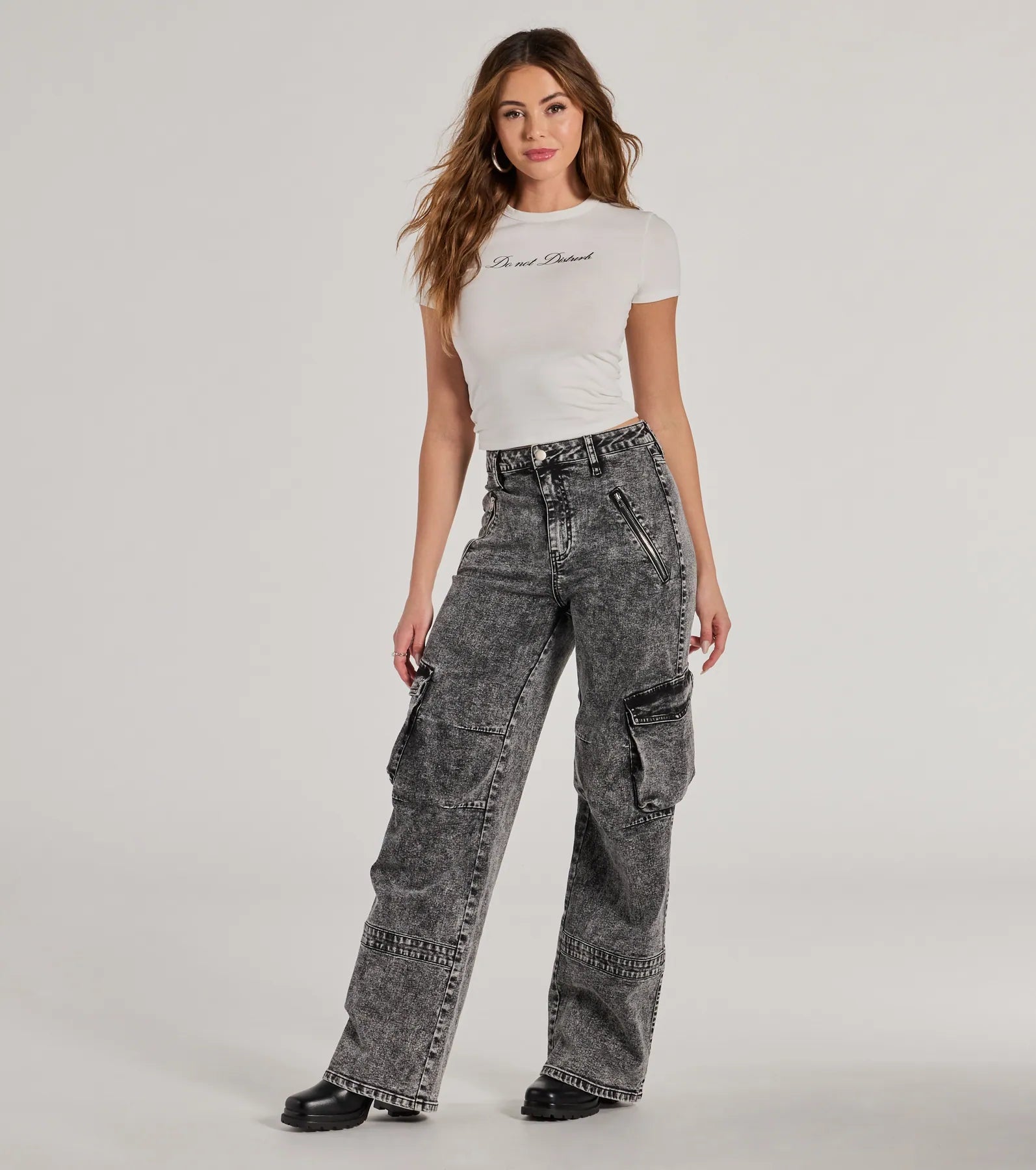 On-Trend High-Rise Cargo Acid Wash Jeans