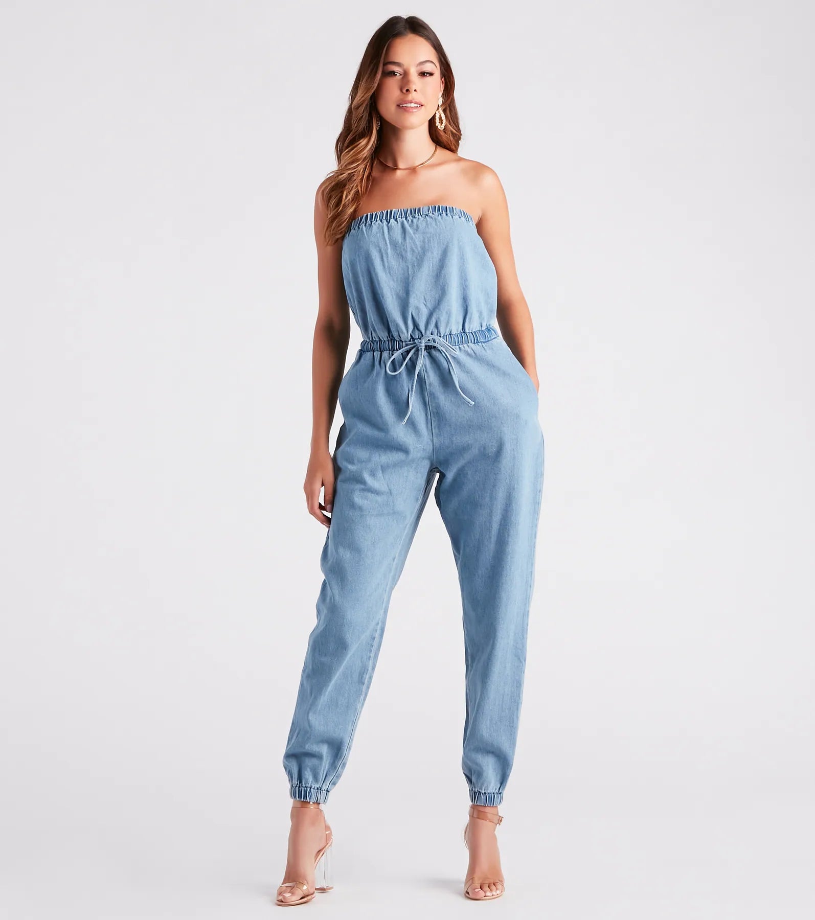 Fit Check Strapless Denim Jogger Jumpsuit