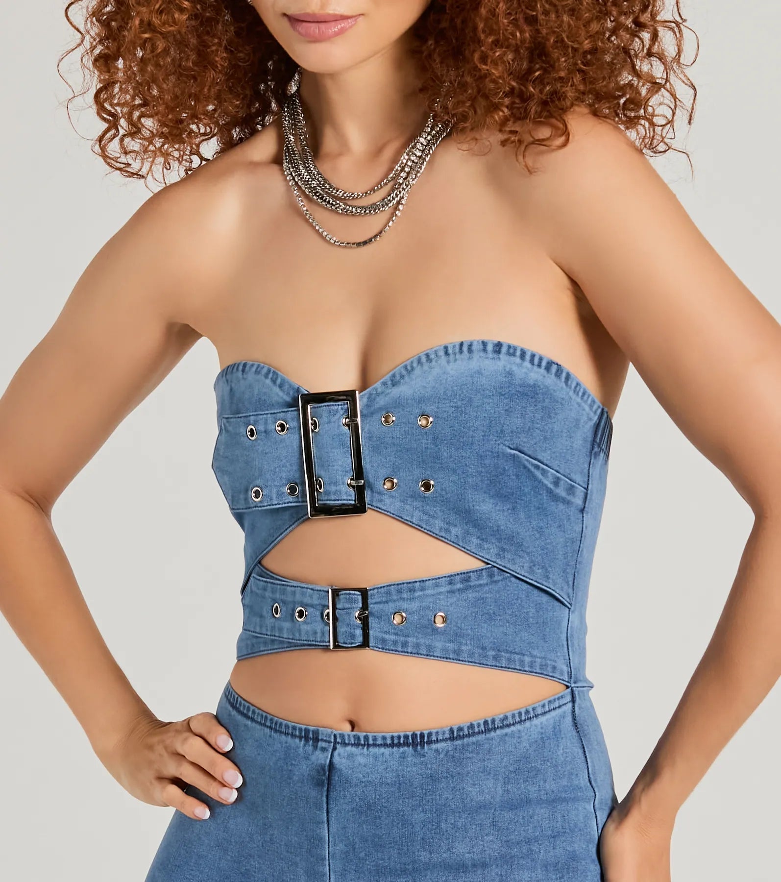 Double The Style Buckle Cutout Flare Denim Jumpsuit