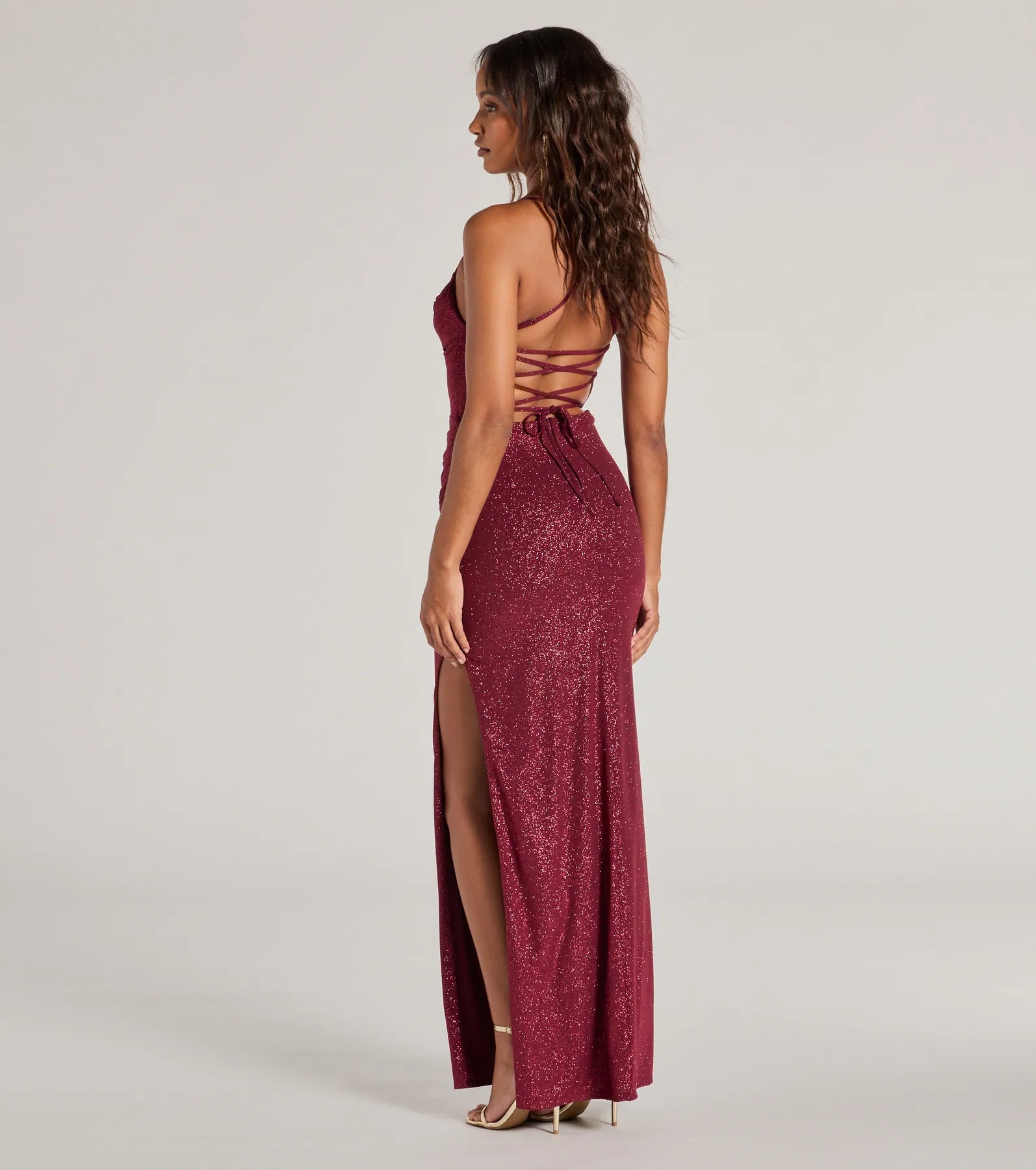 Eleanor Lace-Up Slit Slim Glitter Formal Dress