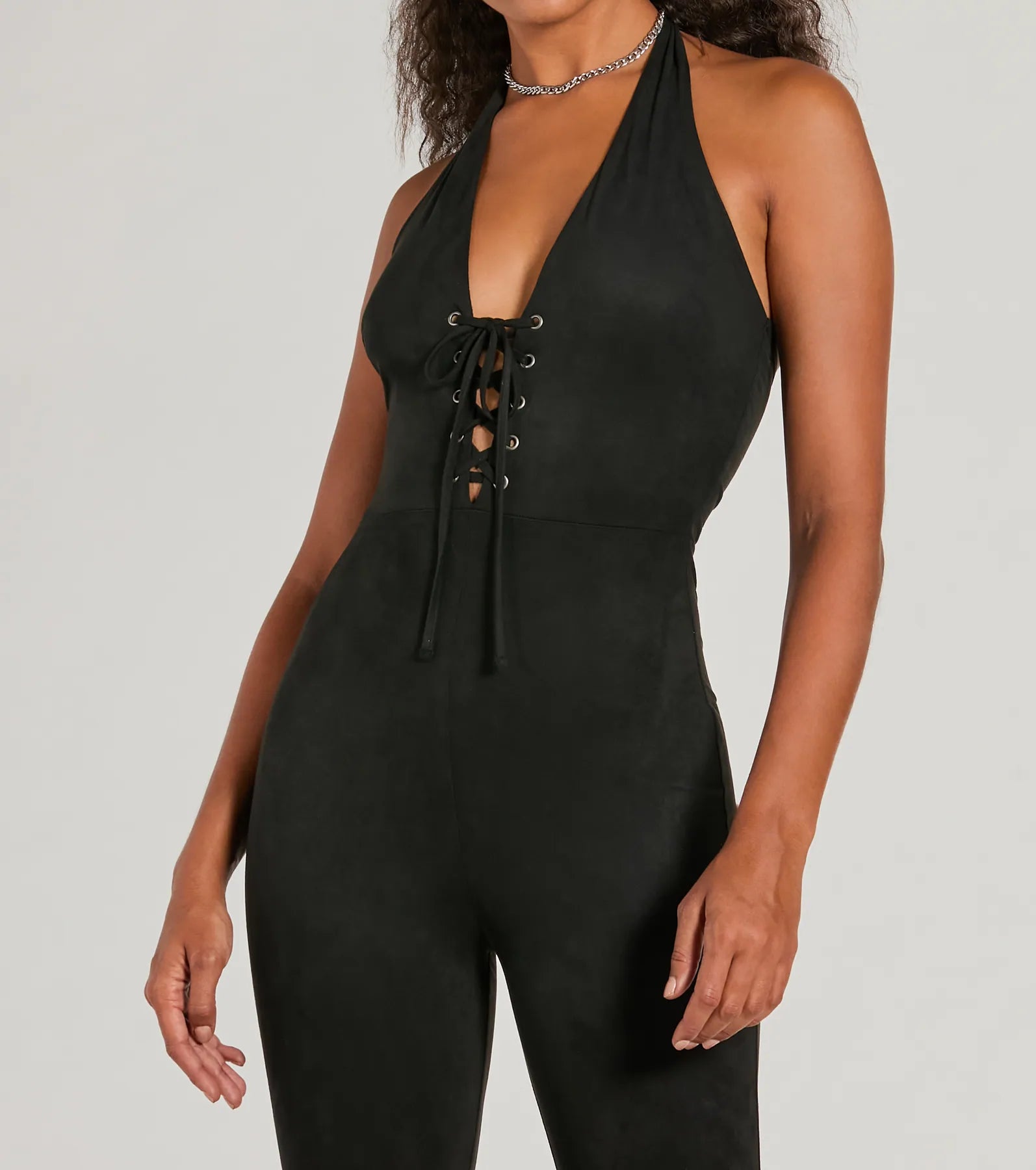 Eyes On Me Lace-Up Flare Faux Suede Jumpsuit