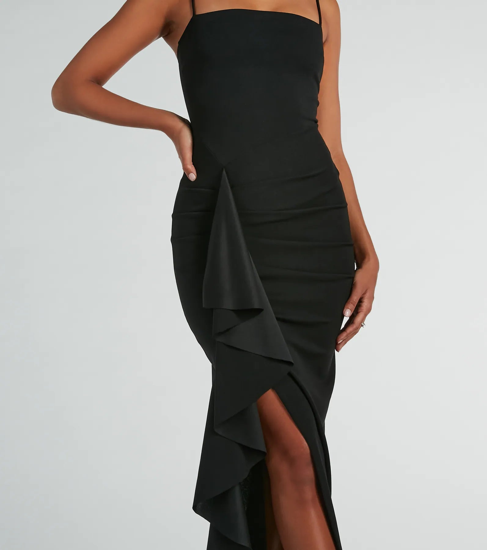 Maggie Ruffled High Slit Crepe Formal Dress