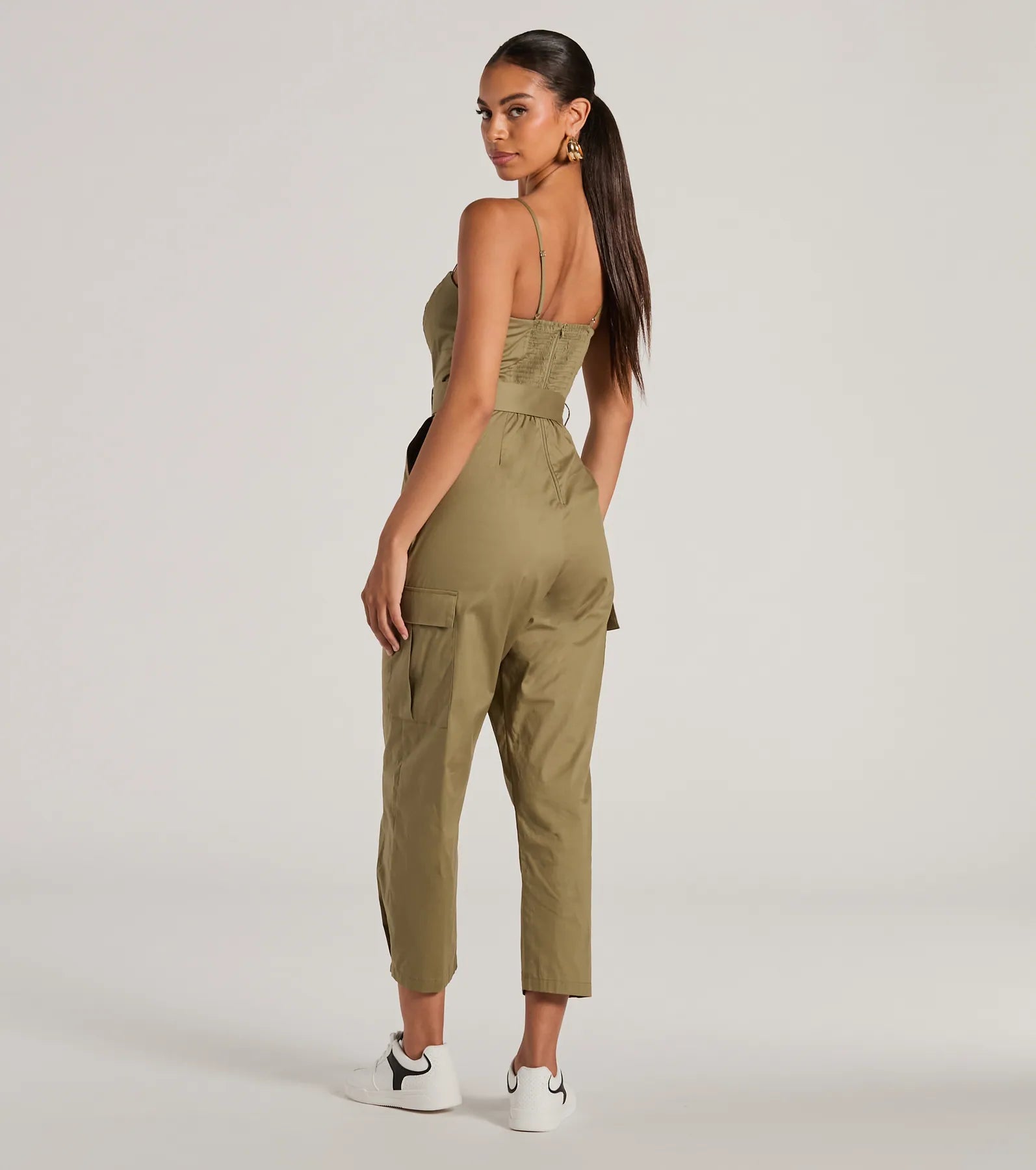 Social Outing Sleeveless Belted Cargo Crop Jumpsuit