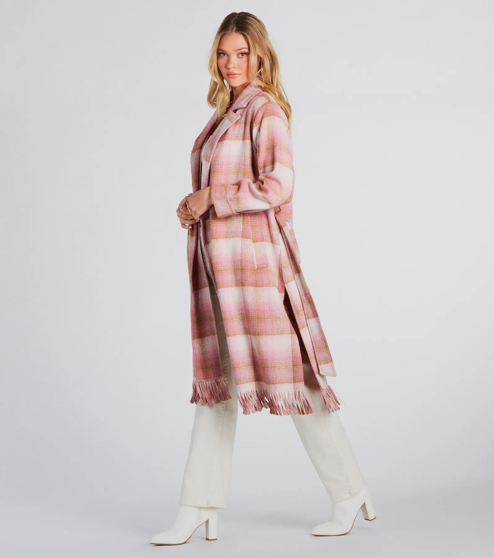 Perfect Plaid Fringe Faux Wool Trench Coat