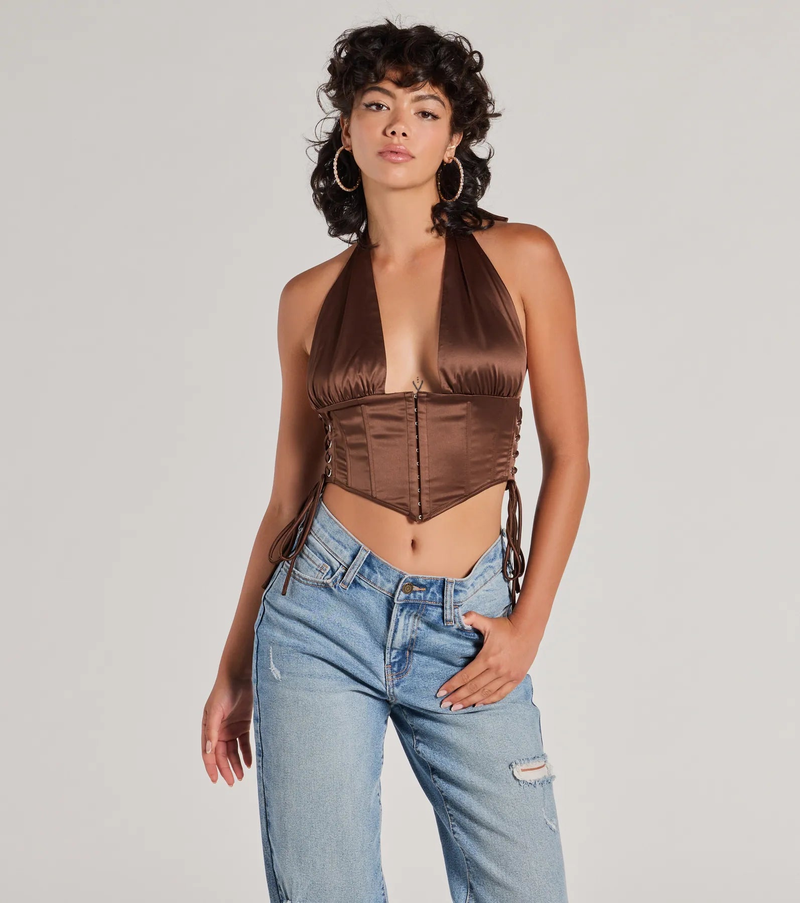 Edgy Luxe Satin Halter Cropped Corset Top