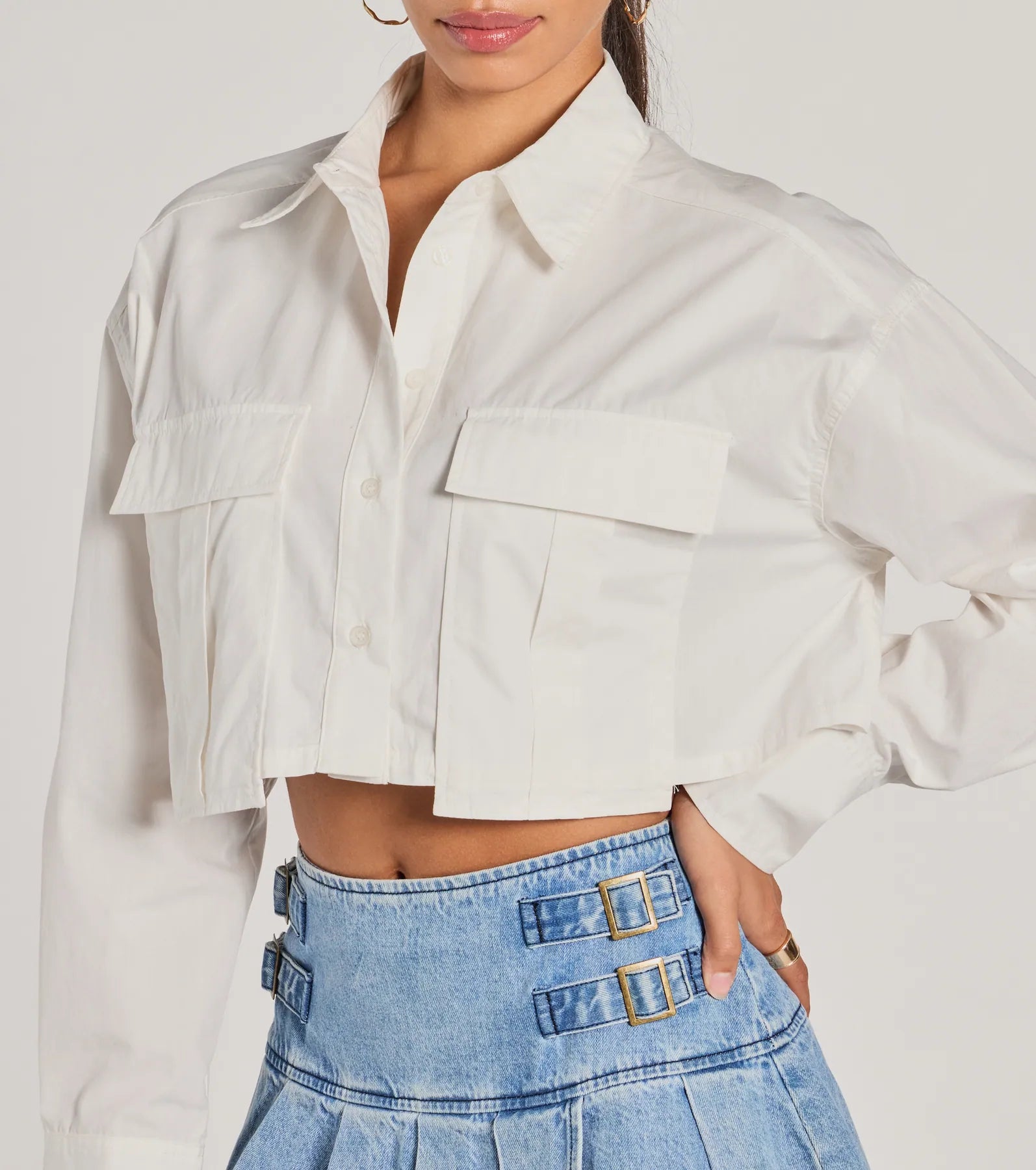 Officially Cute Long Sleeve Button Down Crop Top