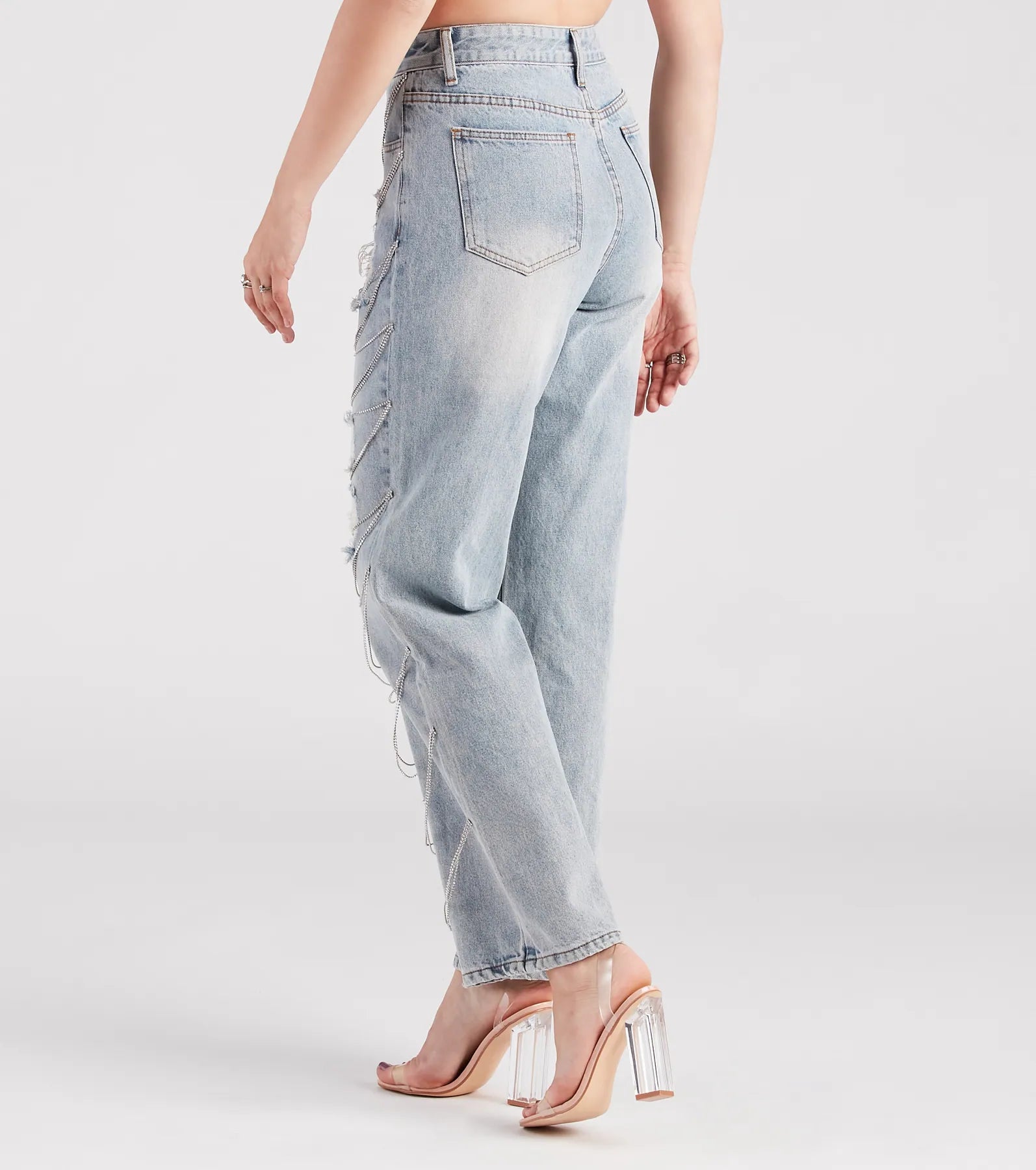 Glitzy Icon Rhinestone Draped Straight-Leg Jeans