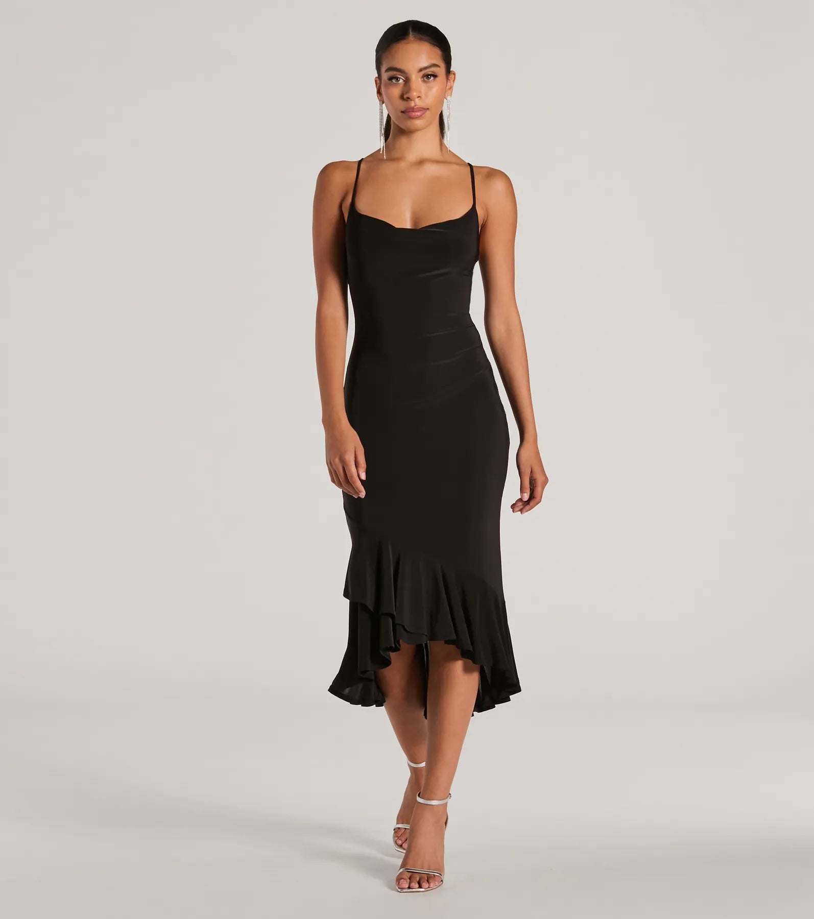 Secret Weapon Cowl Neck Bodycon Ruffle Midi Dress