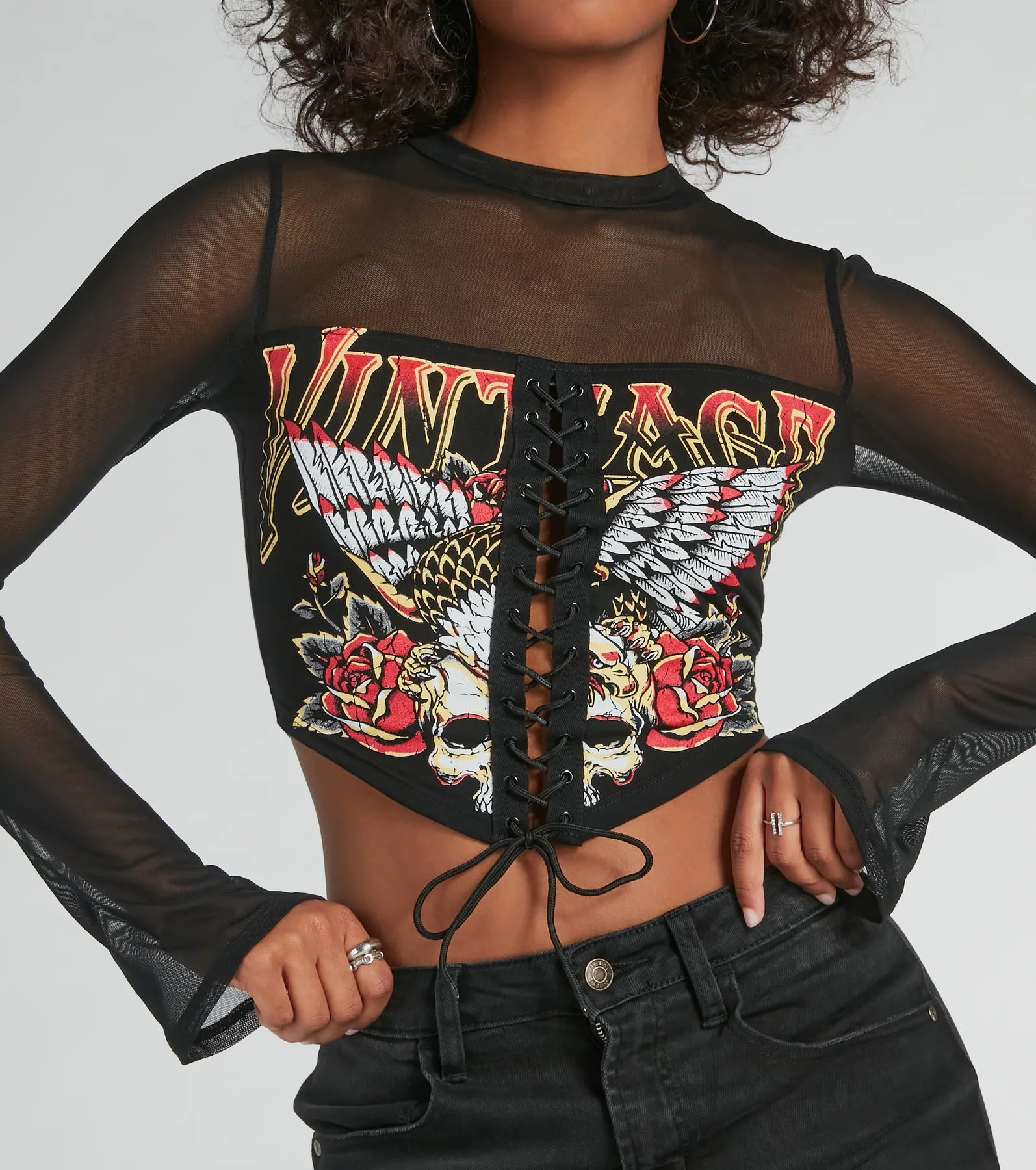 Vintage Lace-Up Mesh Graphic Crop Top