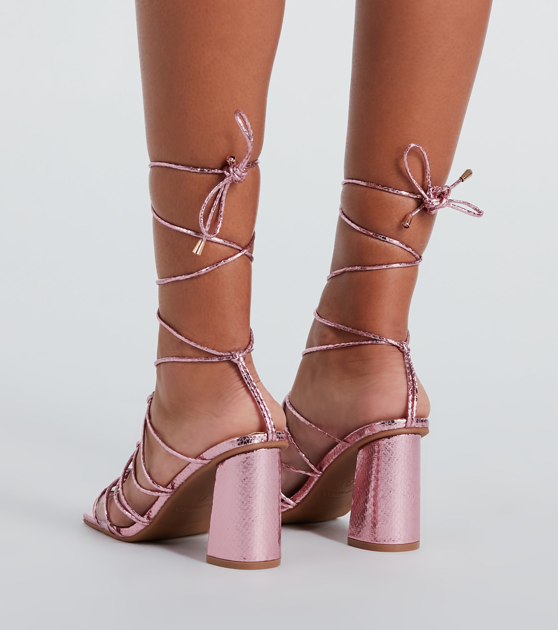 Fashionable Caged Lace-Up Metallic Heels