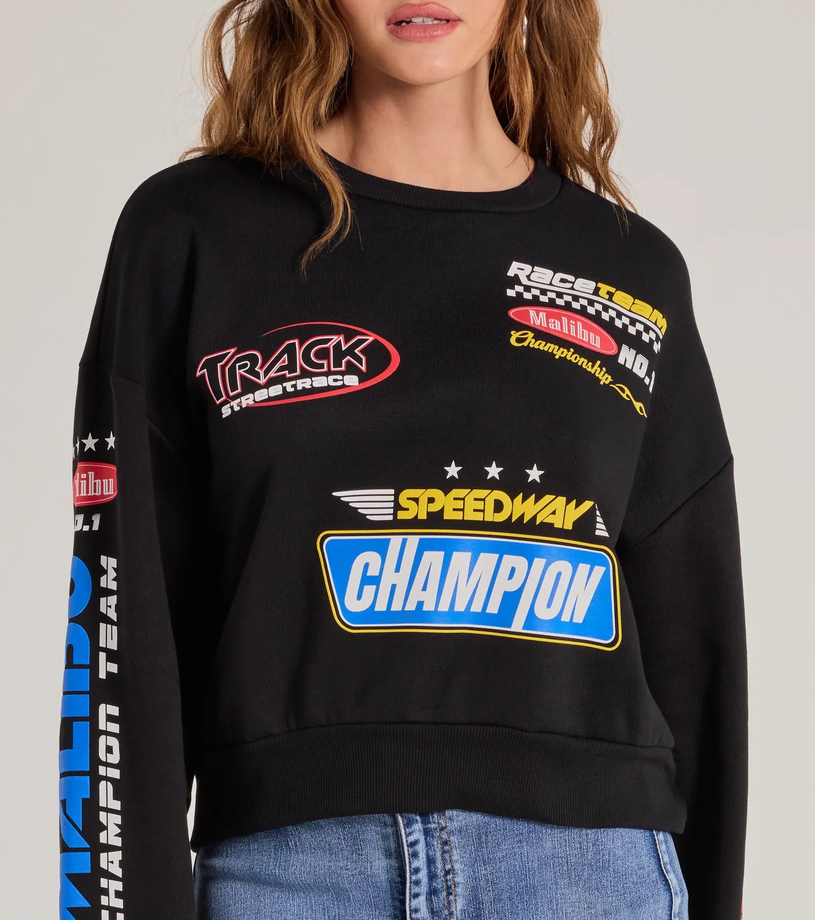 Trendy Moto Graphic Fleece Pullover Sweatshirt