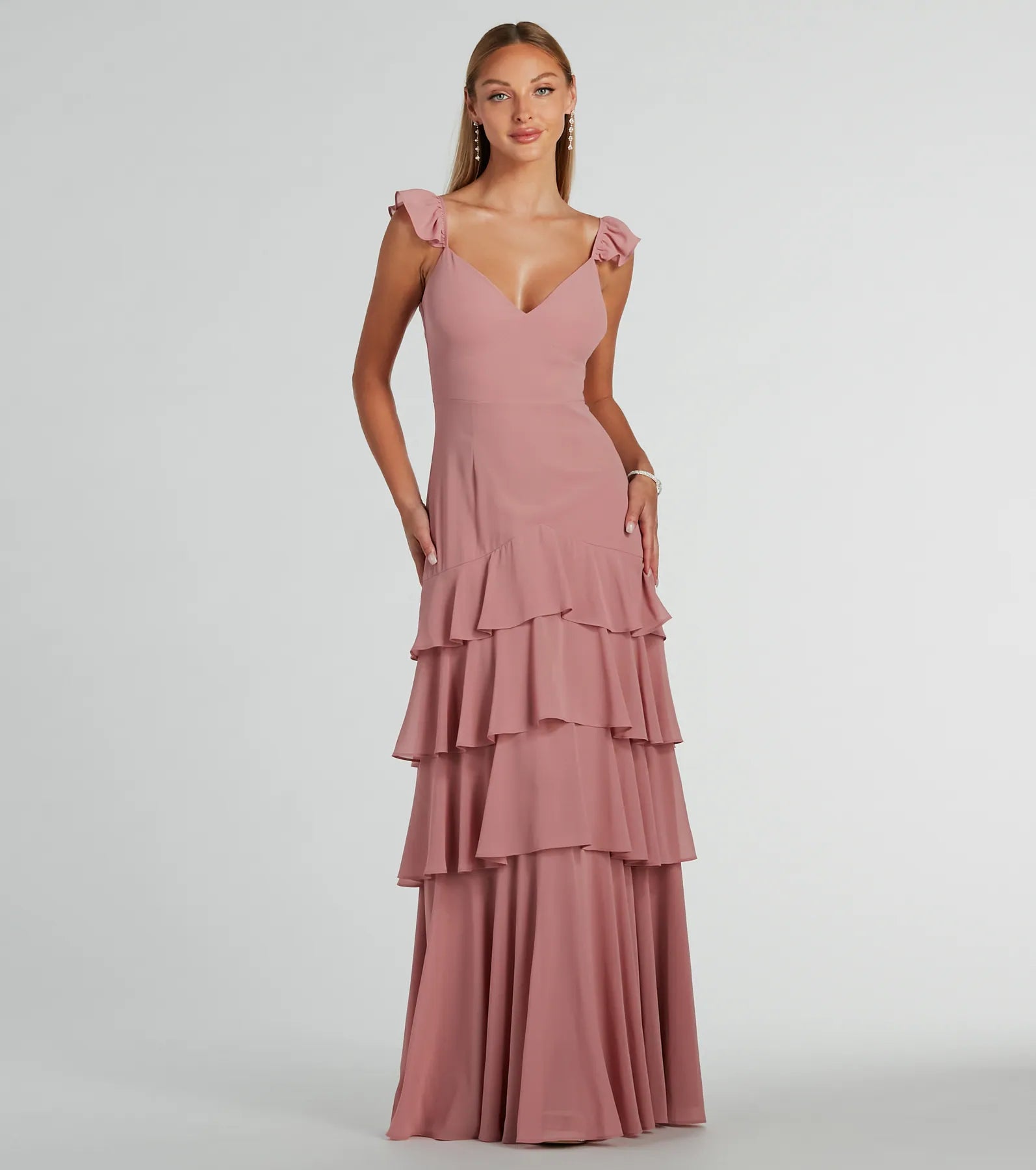 Adalee Flutter Strap Ruffled Chiffon Formal Dress