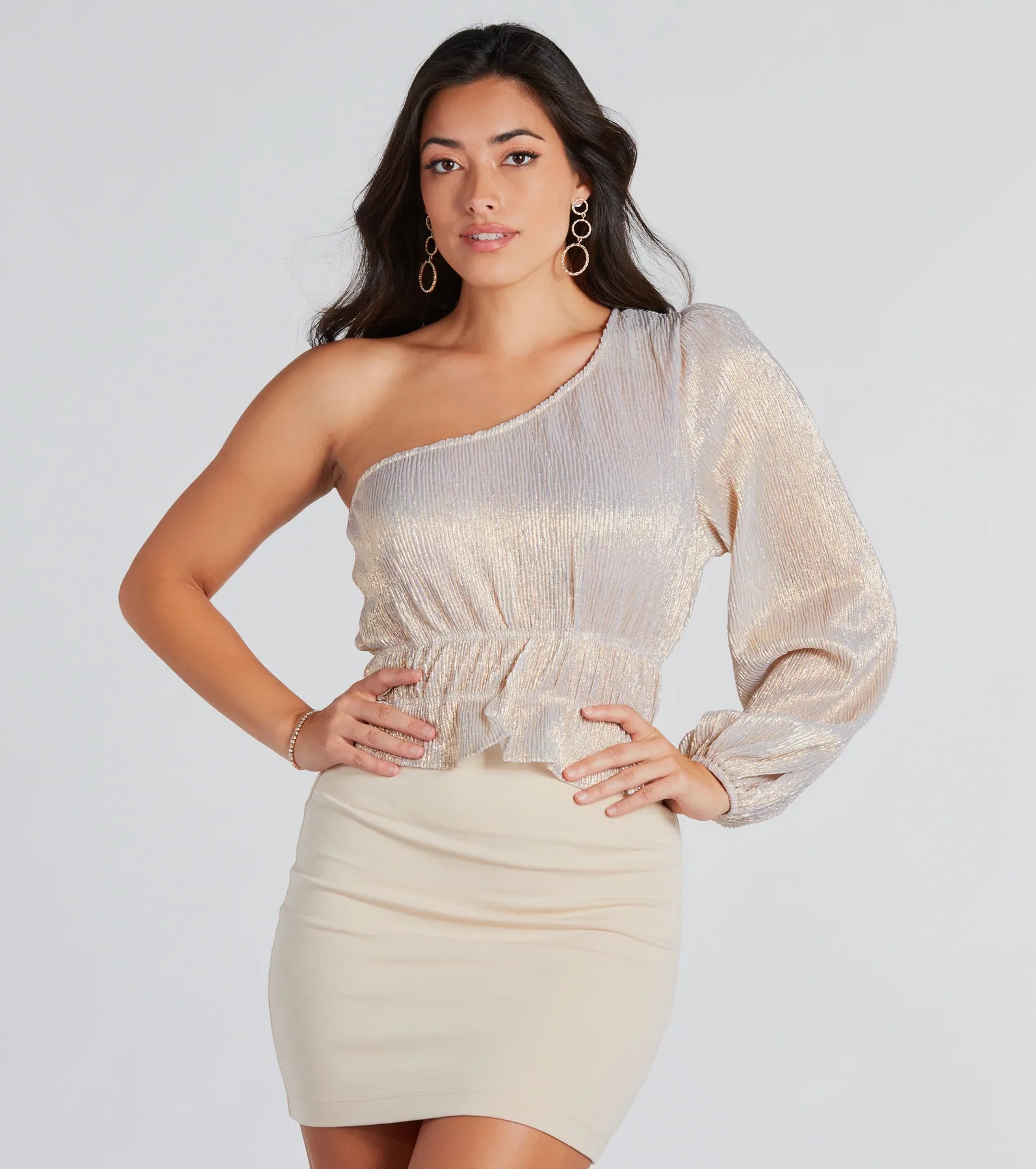 Luxurious Shimmer Metallic One-Shoulder Top