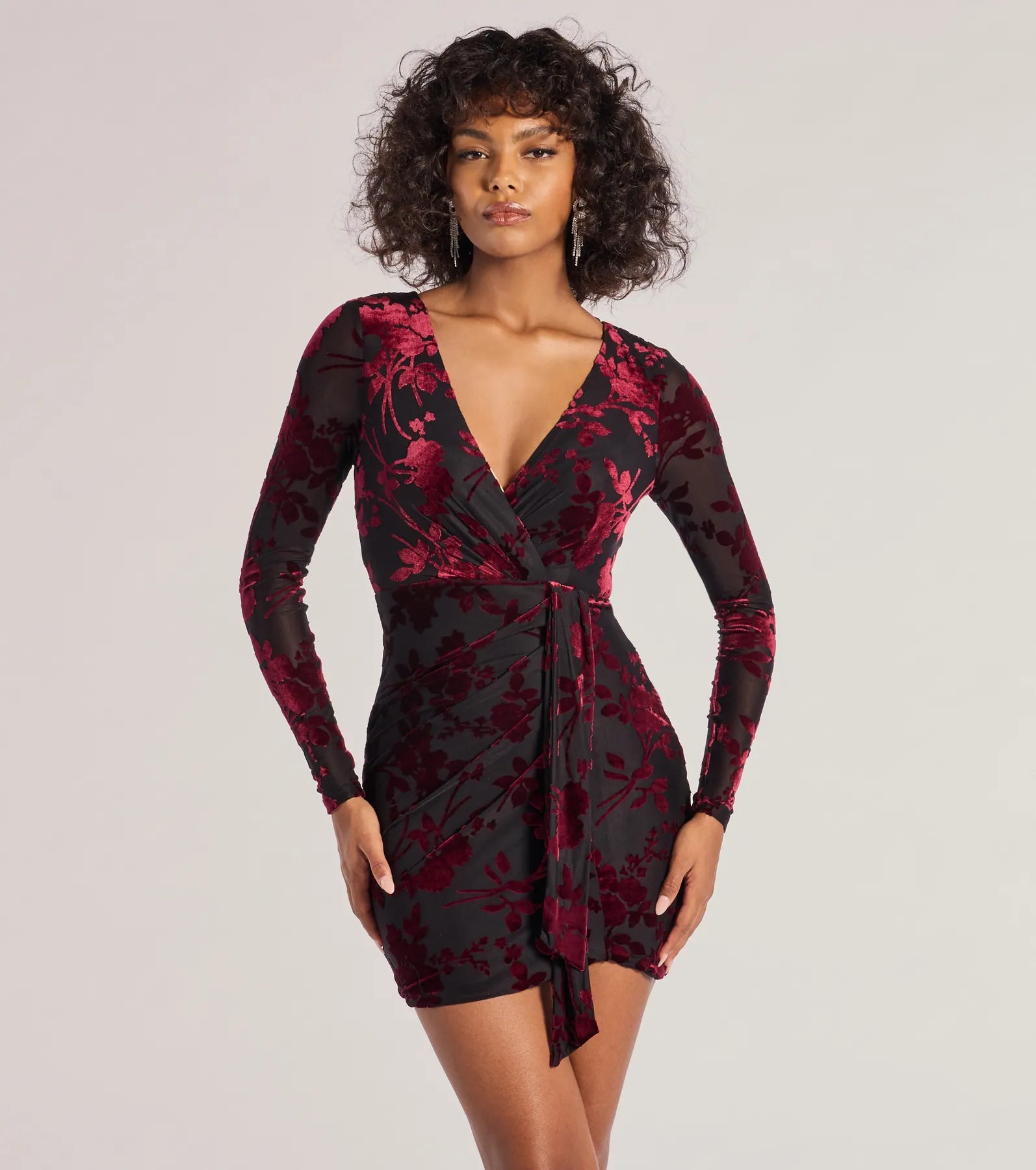 Vision In Velvet Pattern V-Neck Tie Mini Dress