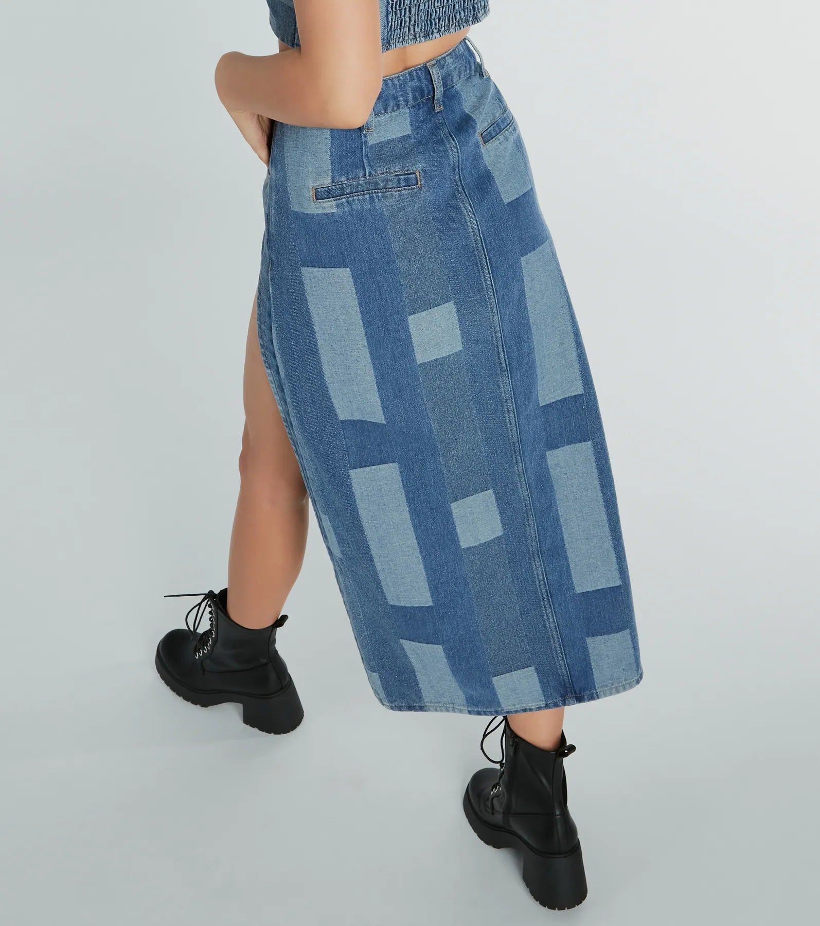 Retro Fab High Slit Patchwork Denim Maxi Skirt