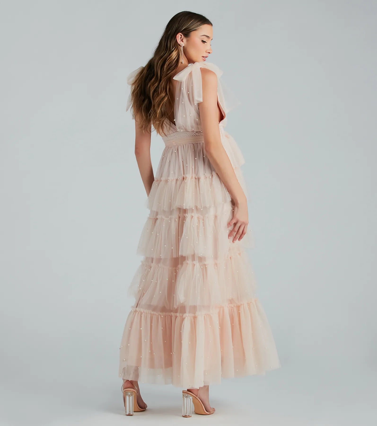 Adele Pearl Detail Ruffle Tulle Formal Dress