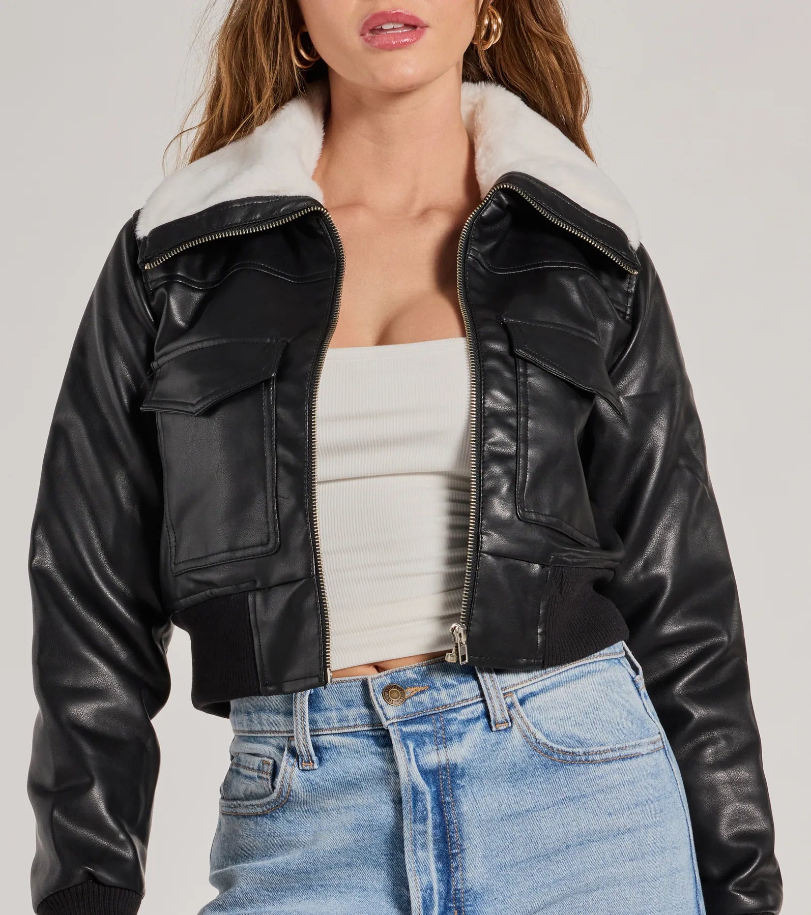 Chic Sherpa Collared Faux Leather Bomber Jacket