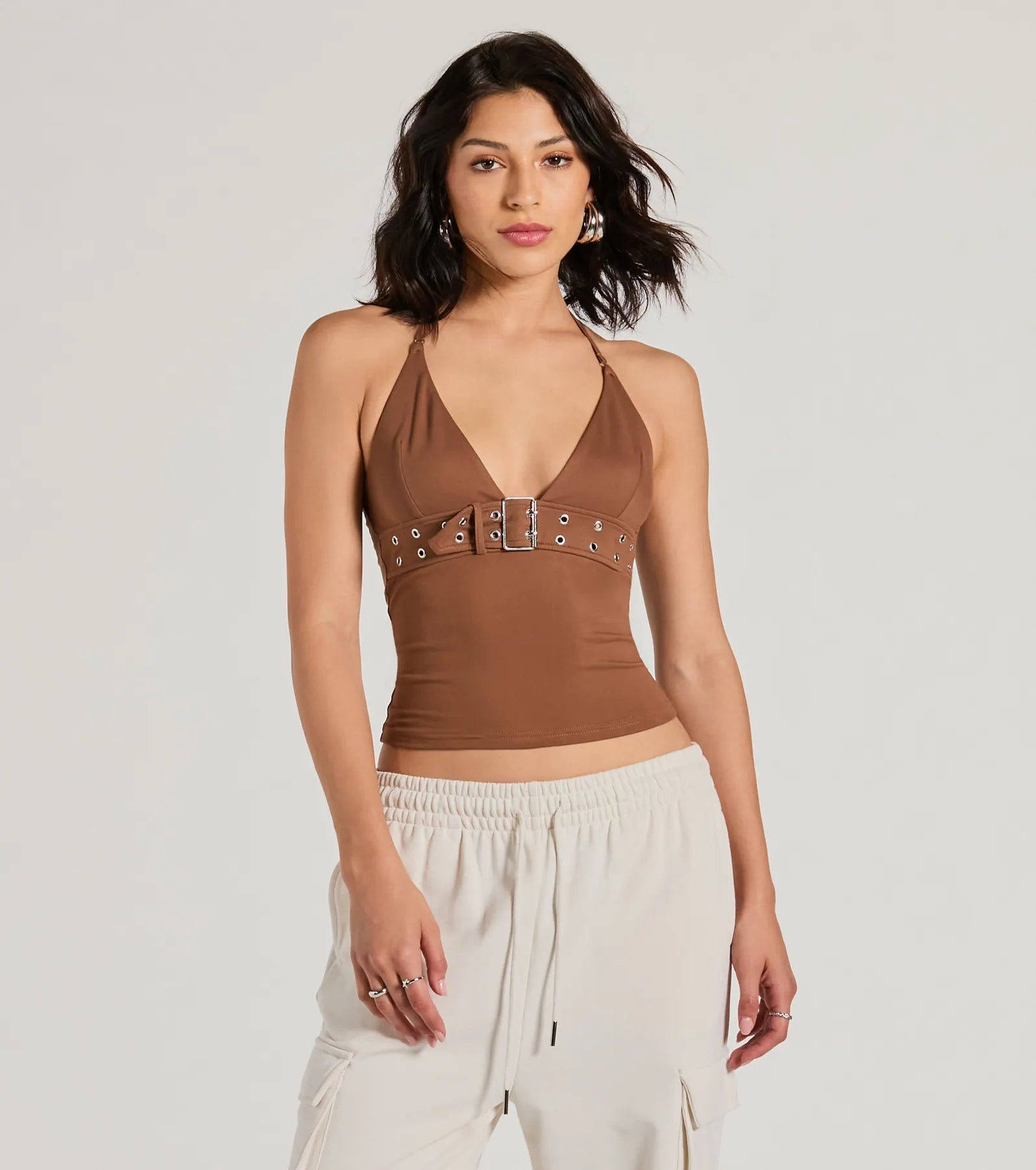 Buckle Down Halter V-Neck Crop Top