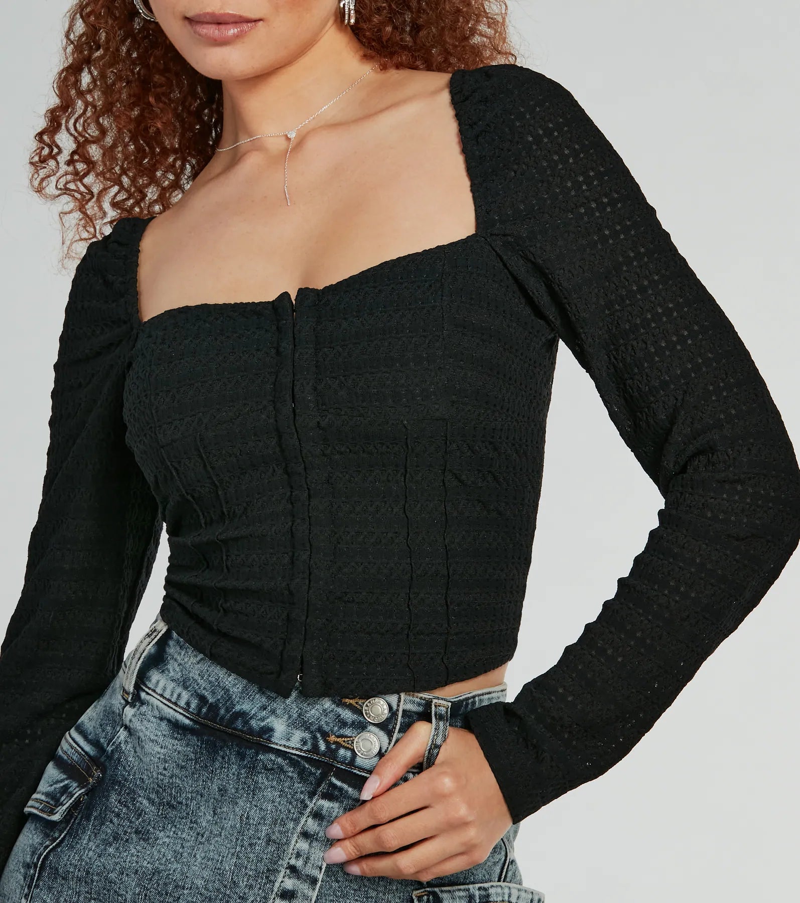 Sweet 'Fit Long Sleeve Textured Knit Corset Top