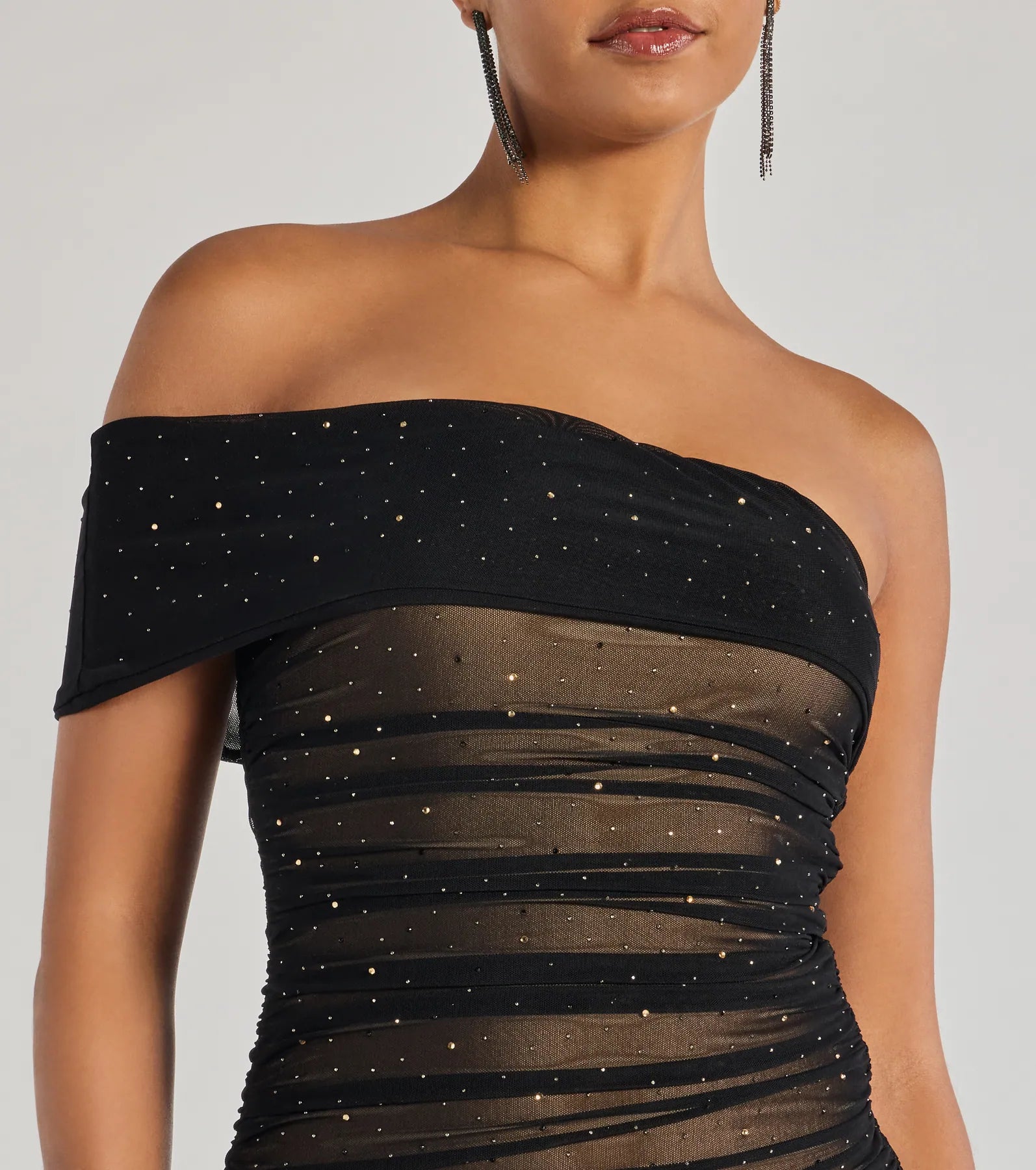 Sheer Glam Rhinestone Two-Tone Off The Shoulder Mini Dress