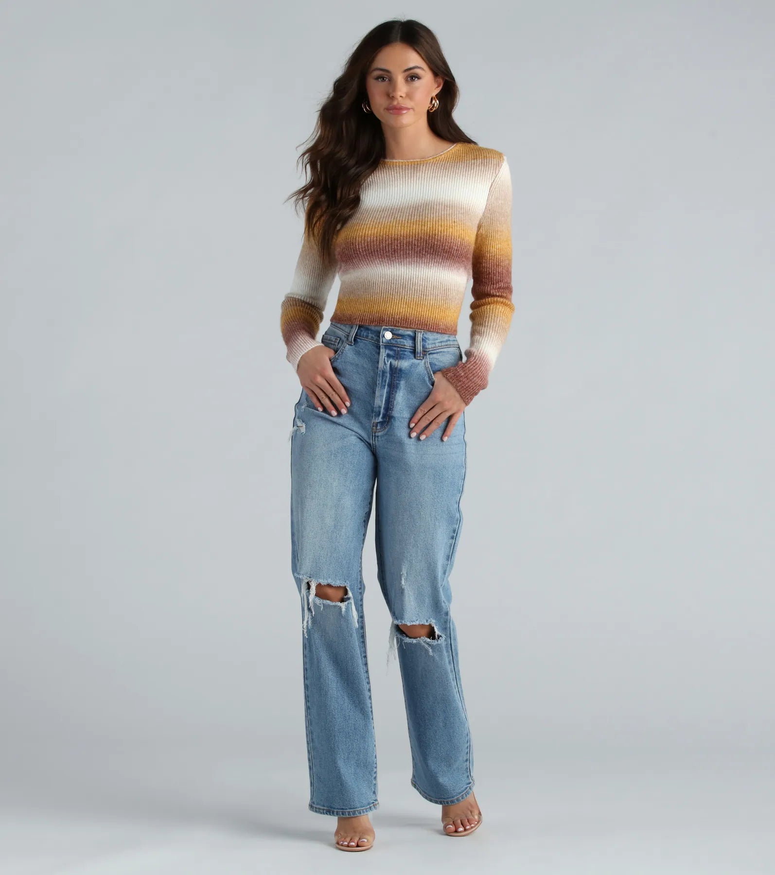 Sunset Ombre Stripe Tie Back Crop Sweater