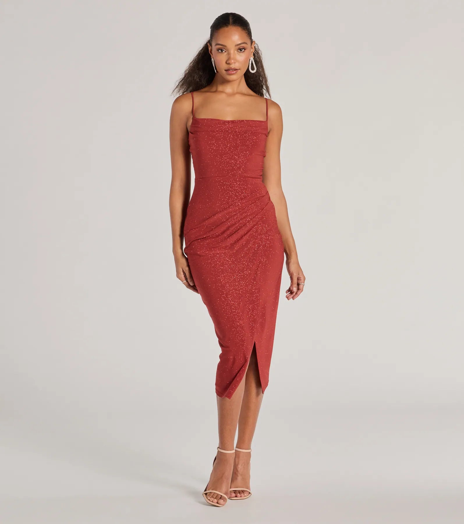 Joelle Wrap-Front Glitter Knit Formal Midi Dress