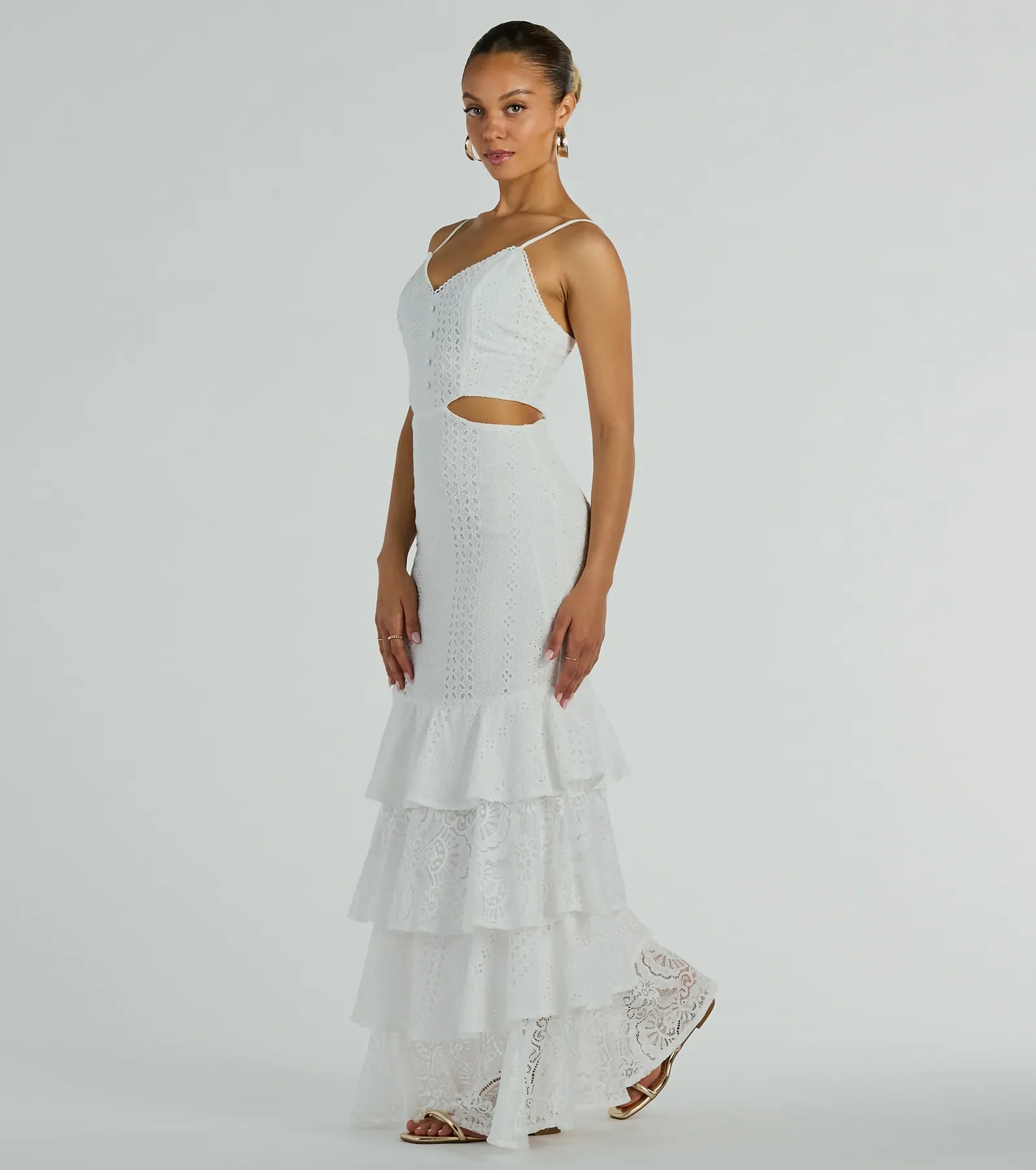 Free Flowing Cutie V-Neck Ruffle Eyelet Maxi Dress