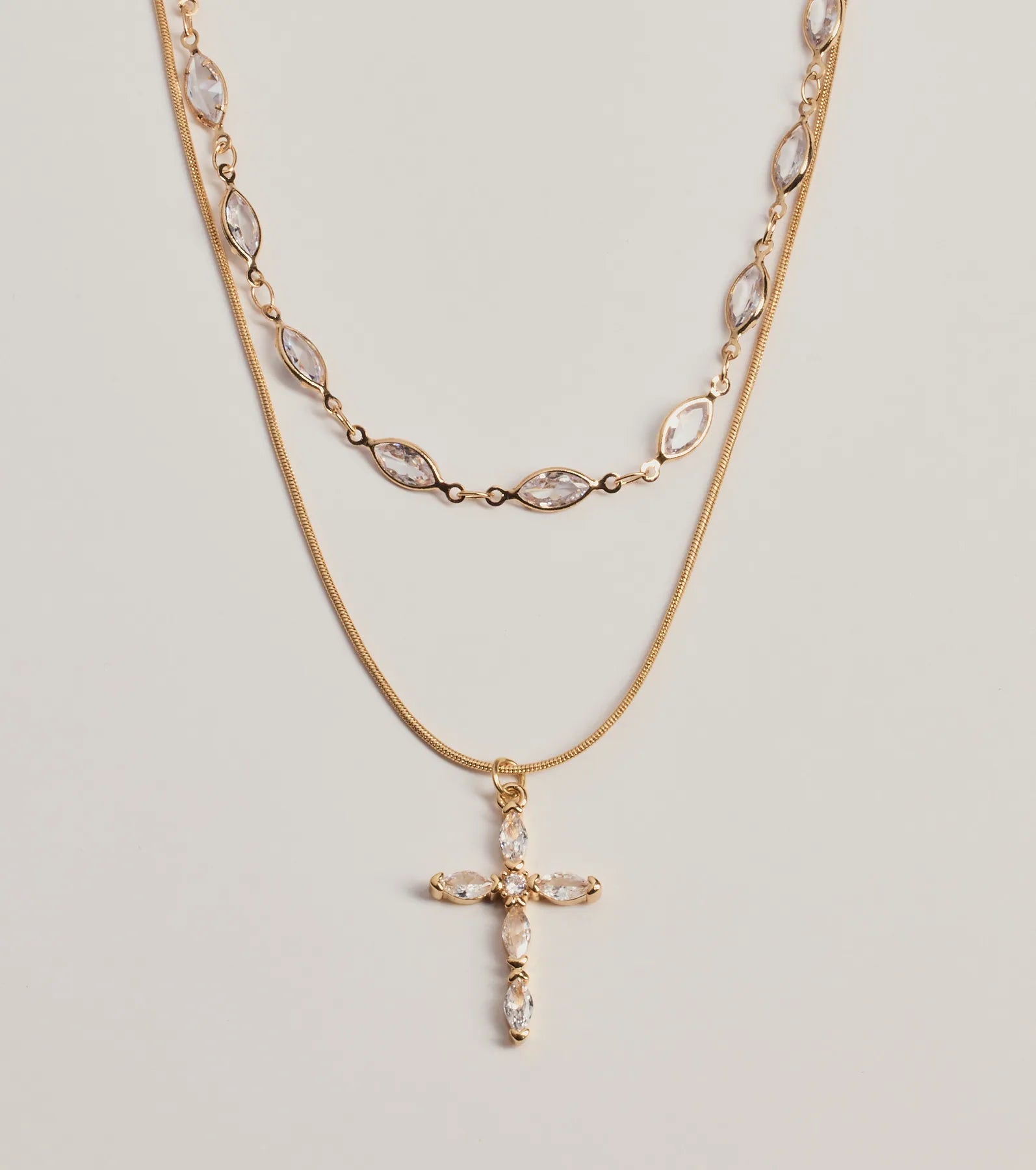 Graceful Shine Layered Cross Charm Rhinestone Necklace