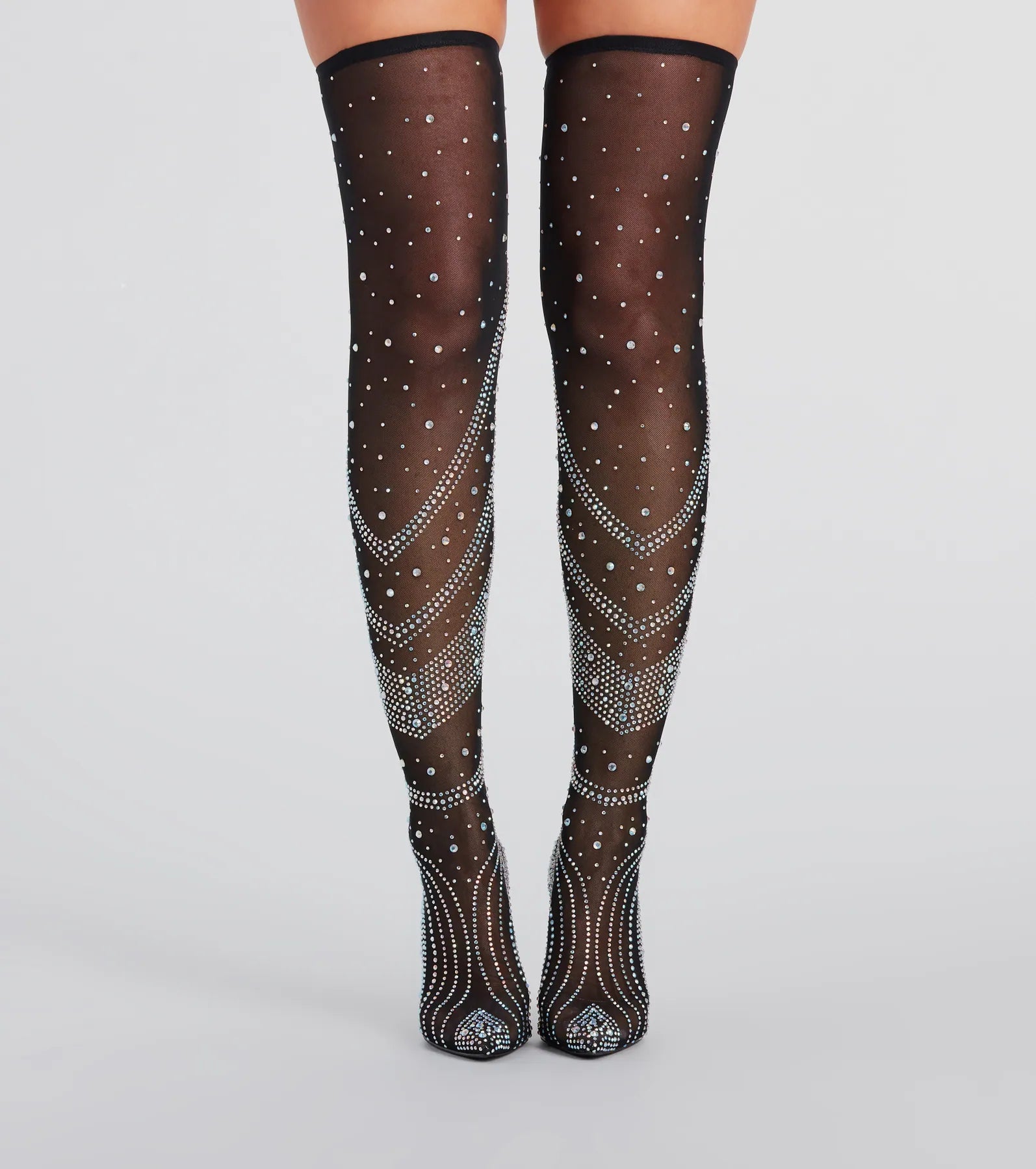 Unforgettable Slay Rhinestone Mesh Thigh-High Boots