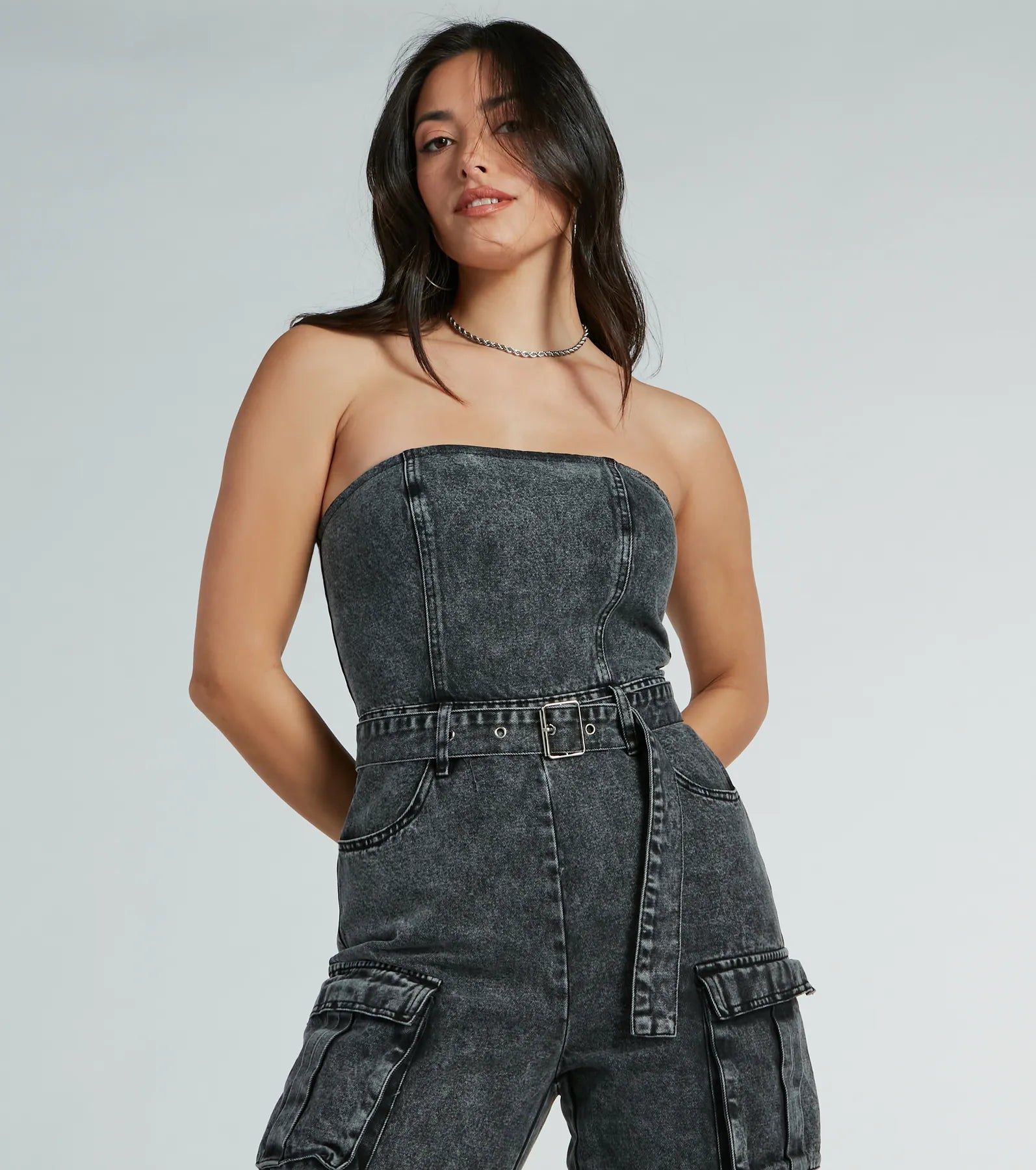 Pit Stop Strapless Cargo Acid Wide-Leg Denim Jumpsuit