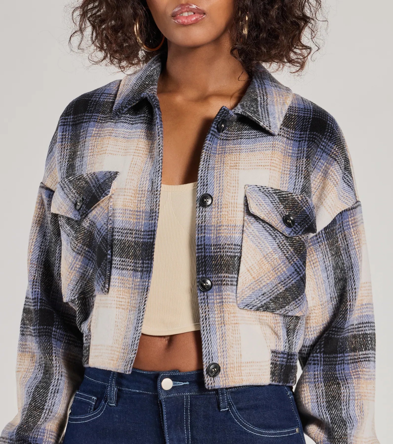 Casually Cozy Plaid Woven Cropped Shacket