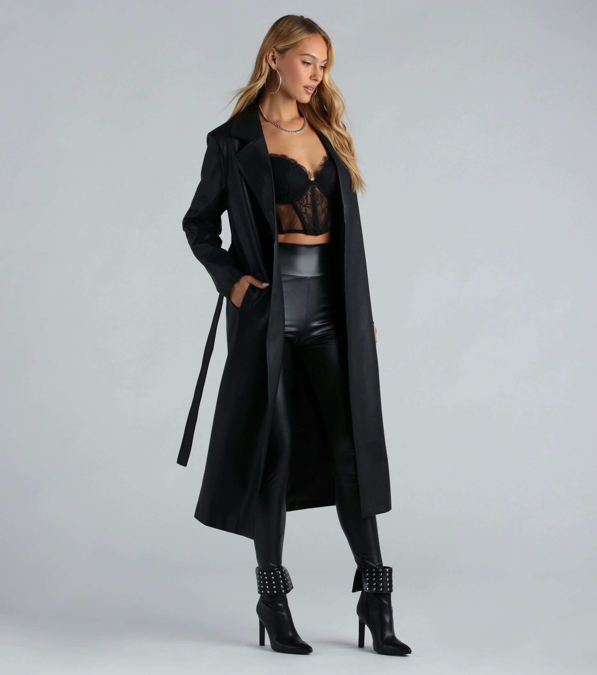 City Living Faux Leather Belted Trench Coat