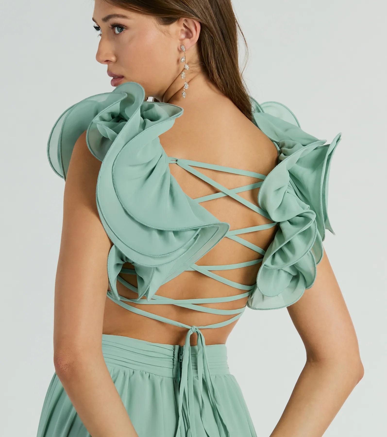 Anne Marie Lace-Up Ruffle A-Line Chiffon Formal Dress