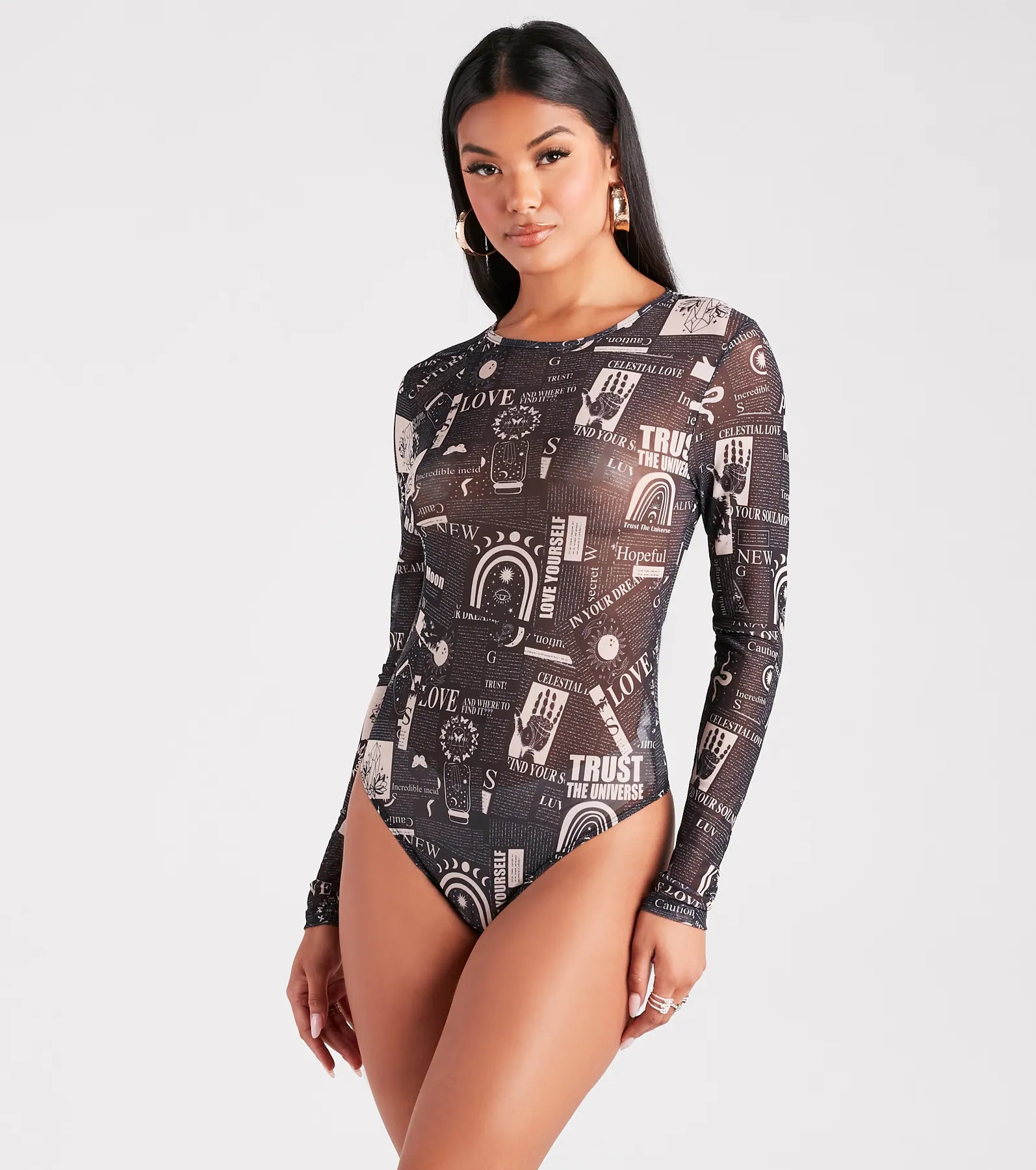 Must Be Fate Mesh Celestial Newsprint Bodysuit