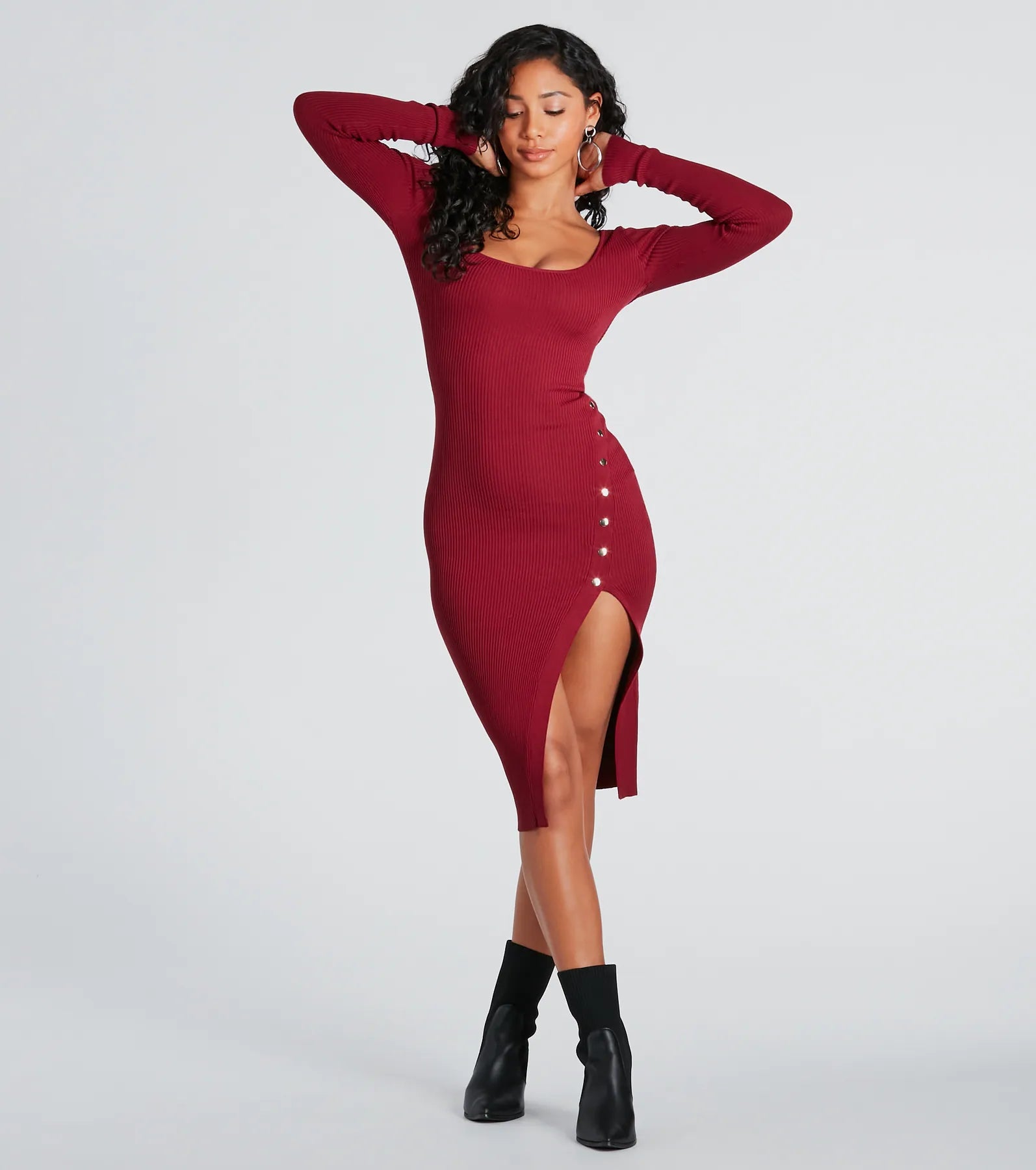 Stylish Snap Button Sweater Midi Dress