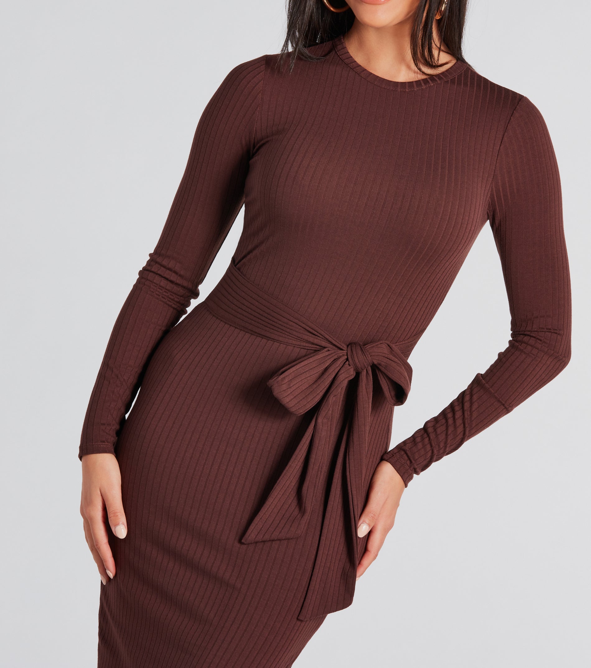 Stylish Staple Tie-Front Ribbed Knit Midi Dress