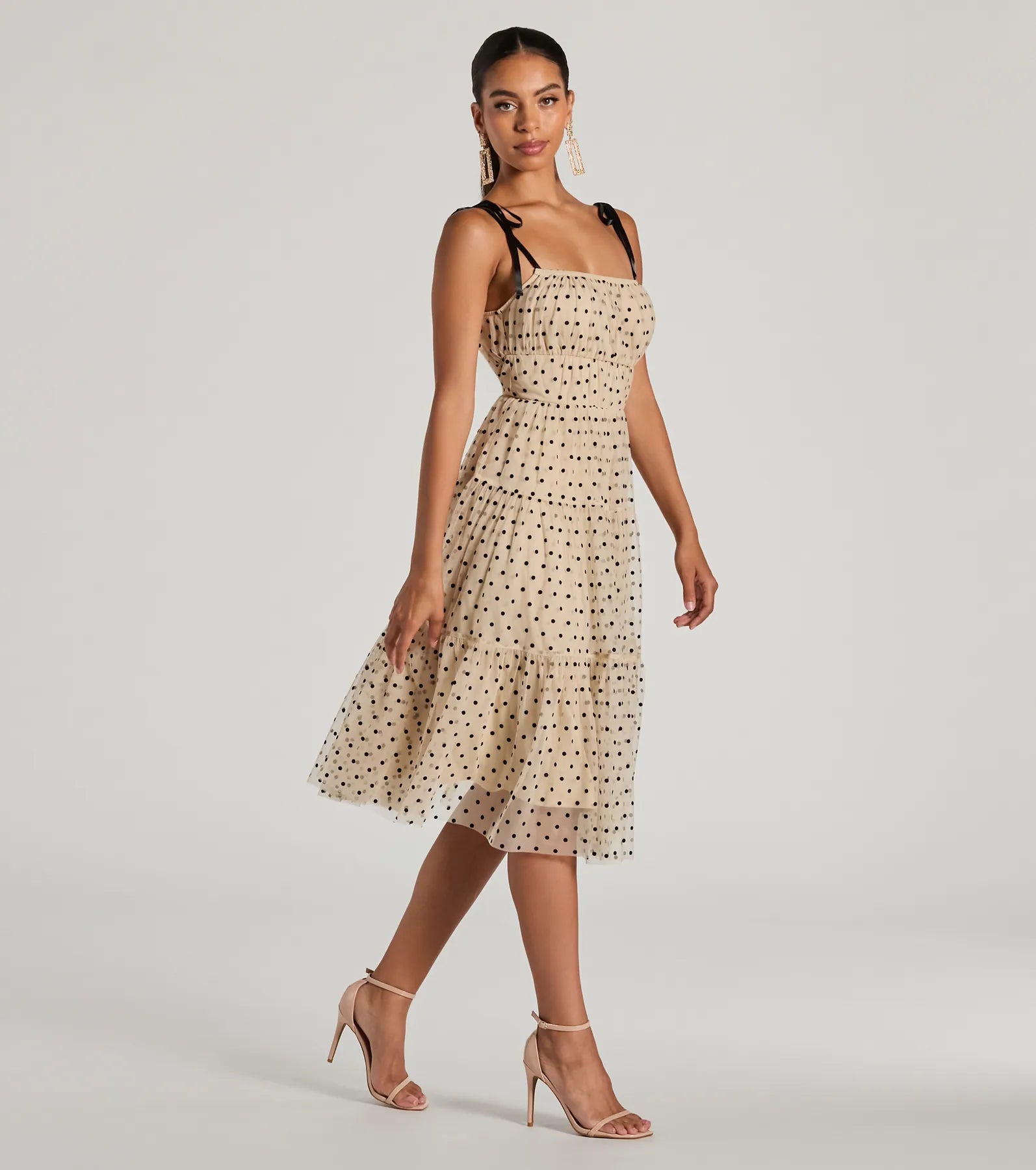 Timeless Look Bow Strap Polka Dot Tulle Midi Dress