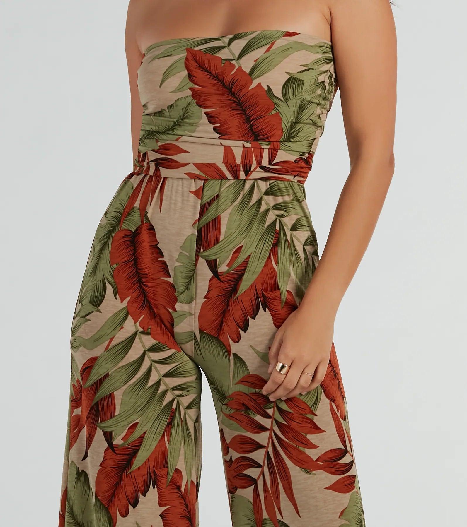 Vacay Mood Strapless Tropical Knit Jumpsuit