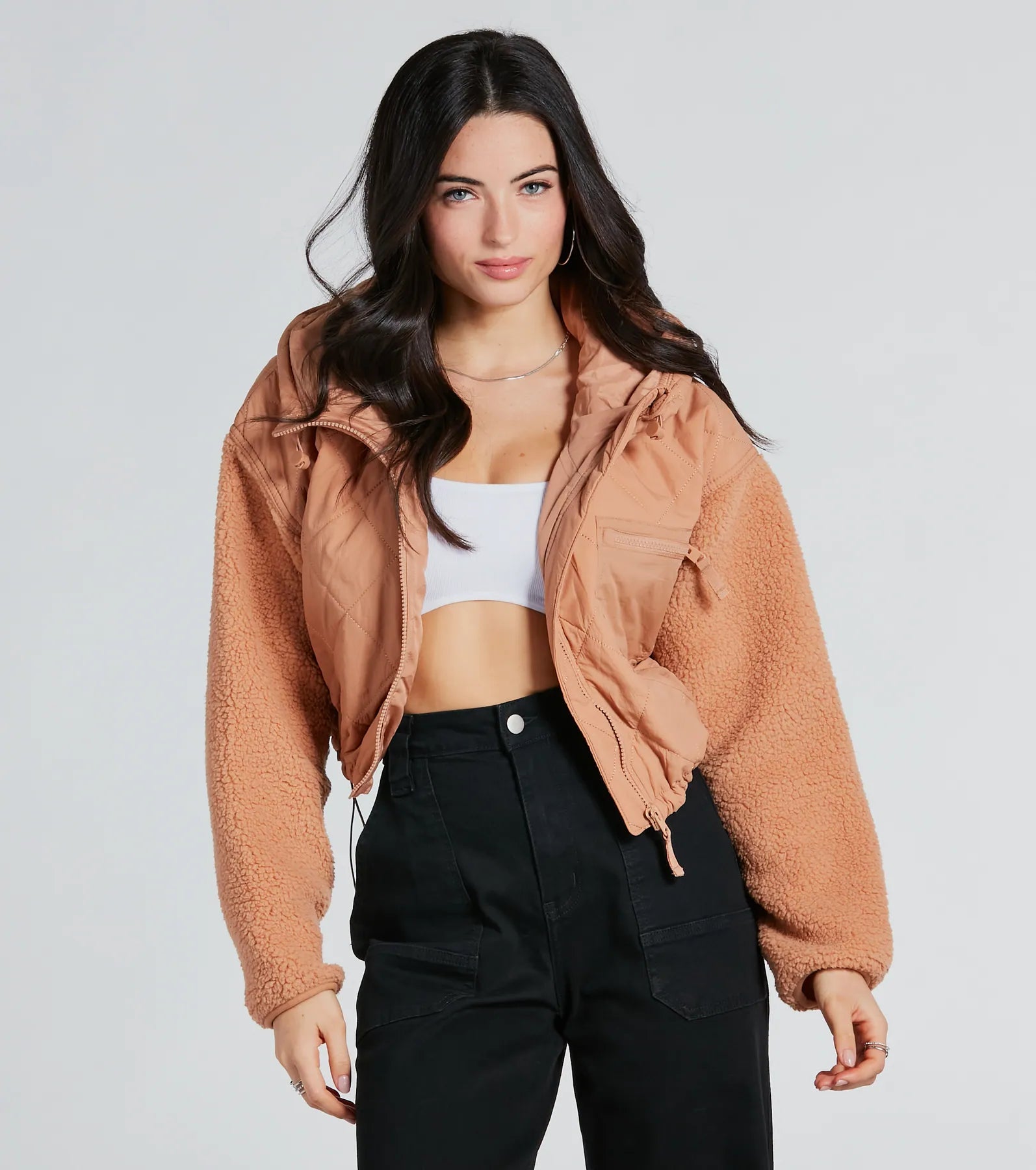 Fight The Frost Faux Sherpa Sleeve Puffer Jacket