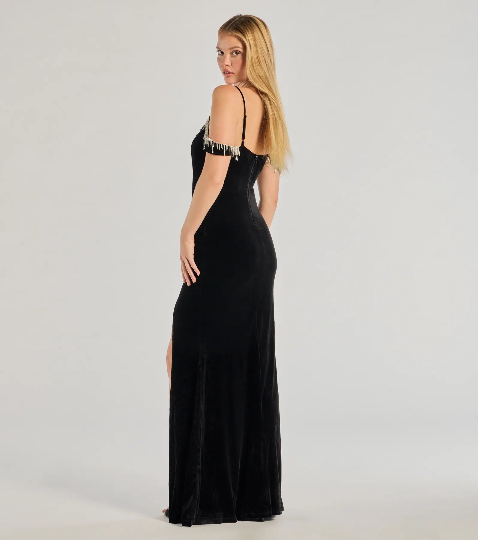 Torrie Velvet Rhinestone High-Slit Mermaid Dress