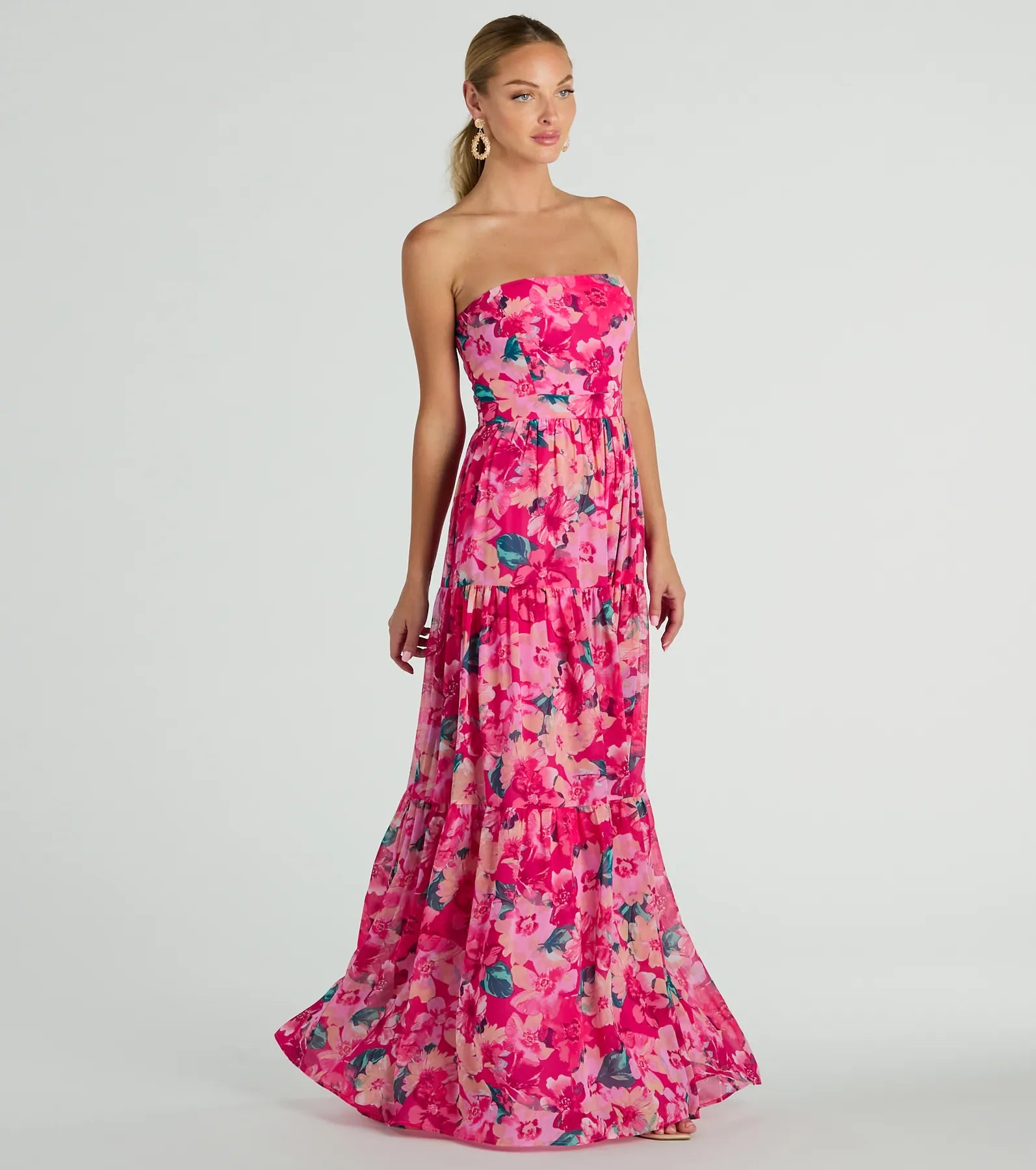 Radiate Romantic Vibes Strapless Floral Chiffon Maxi Dress