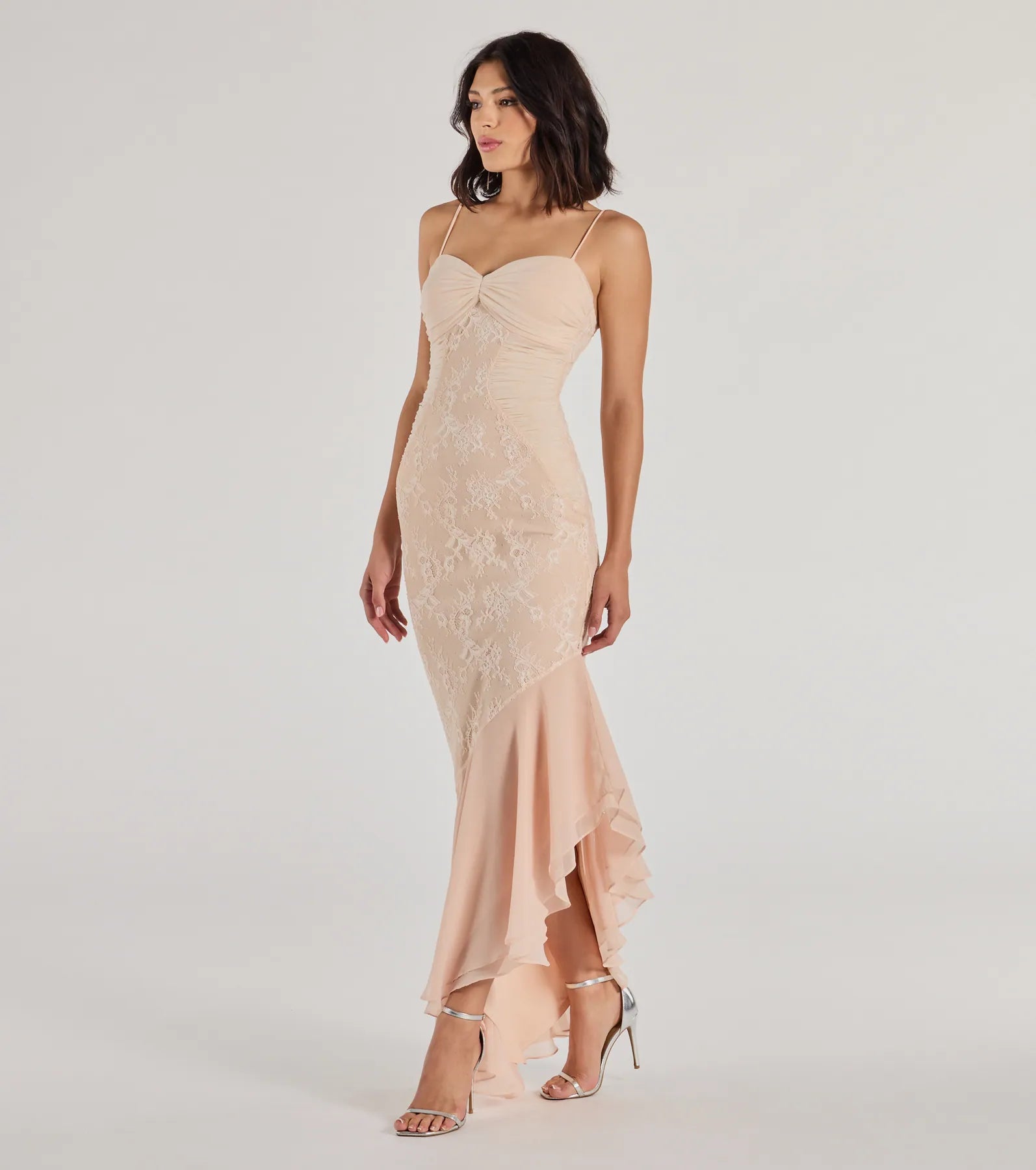 Brinley Lace Chiffon Asymmetric Mermaid Dress