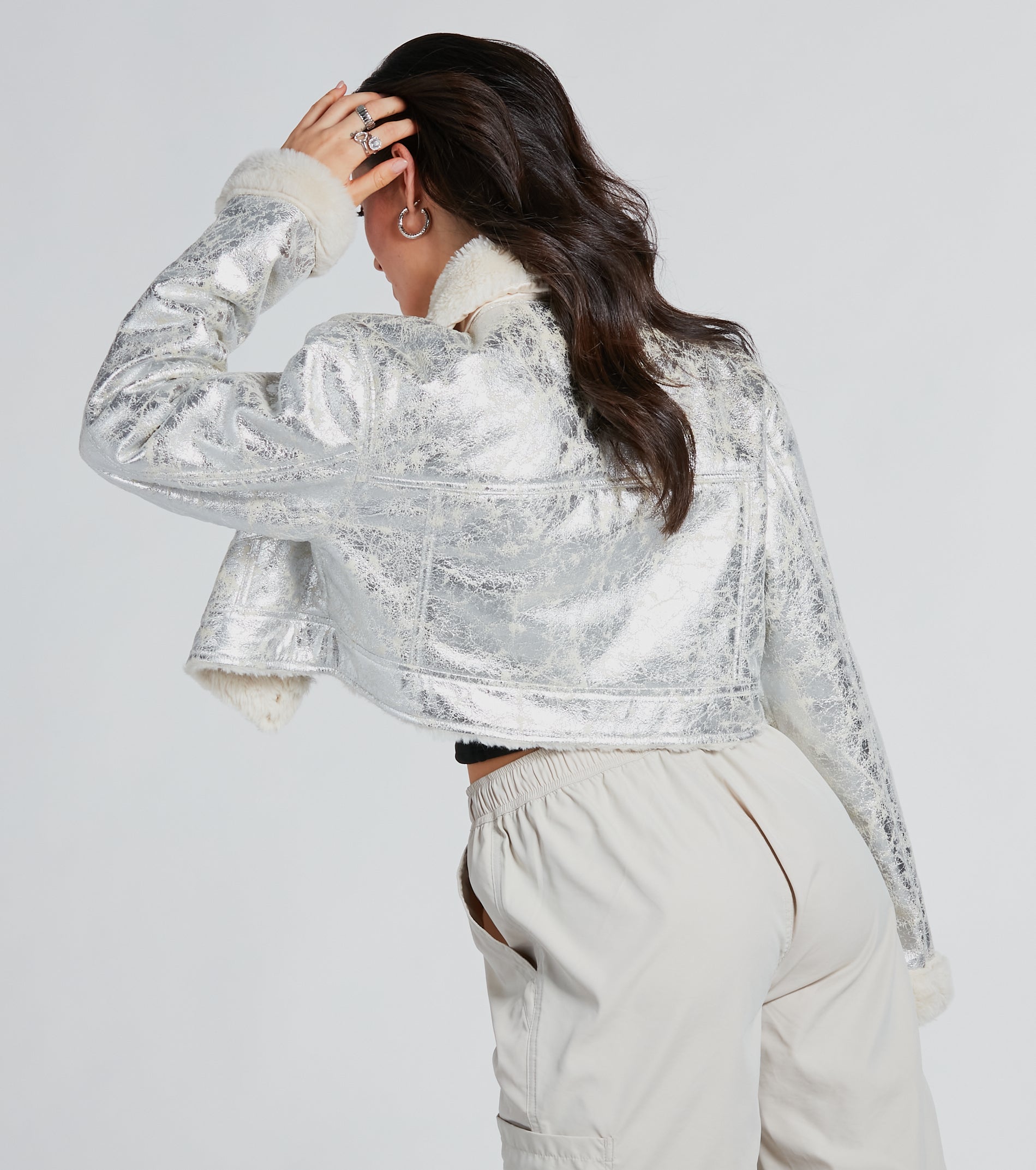 Pop Diva Status Metallic Faux Fur Crop Jacket