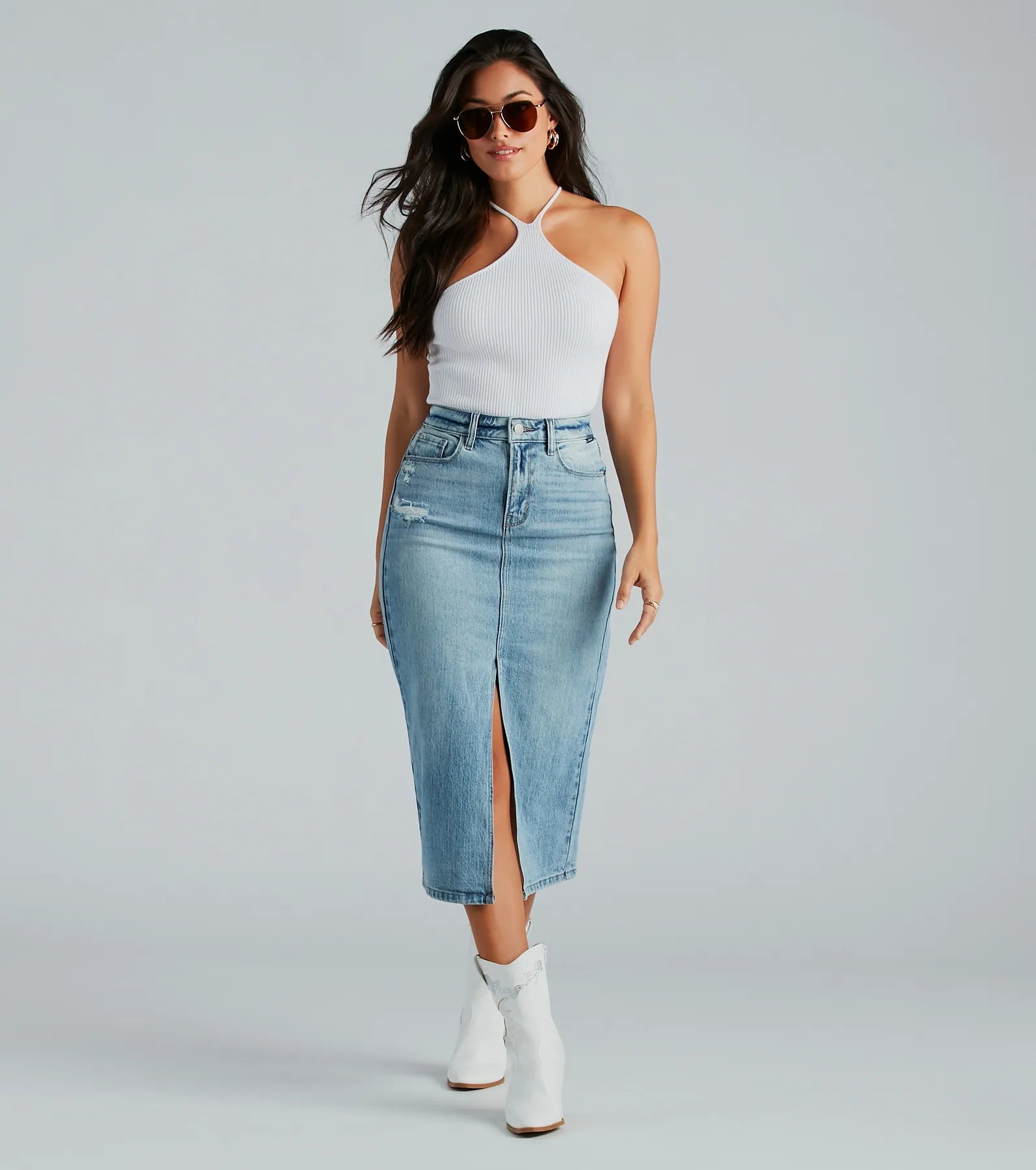 All That Denim Slit Midi Skirt